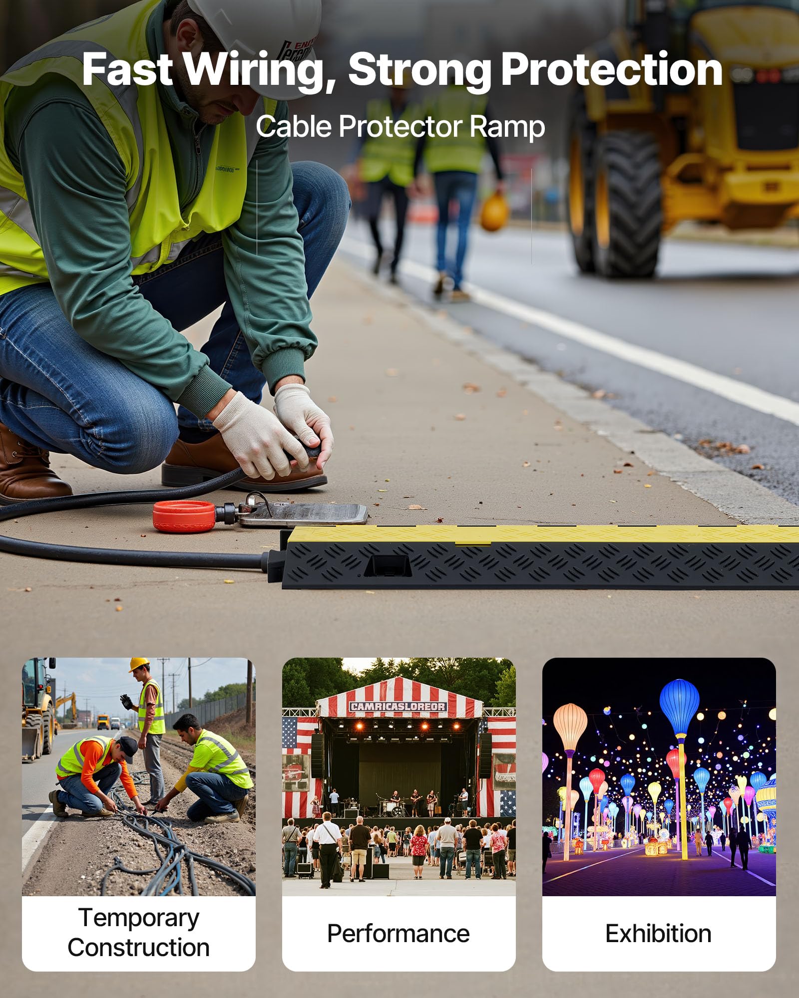 Vevor 3 Pcs Rubber Cable Protector Ramp, 2 Channel Heavy Duty Tpu Floor Cord Hose Wire Cover, 1.2 W X 1.1 H Channel Size, Tr