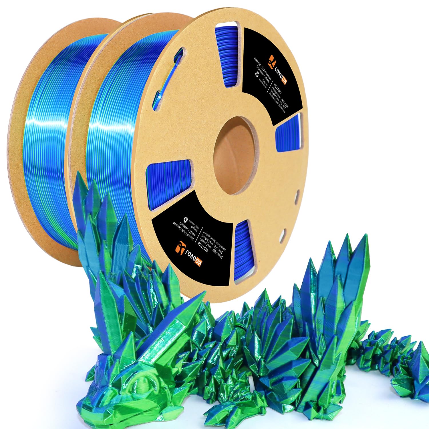 LOVOON Silk PLA 3D Printer Filament Bundle 2 KG, PLA Filament 1.75mm, Shiny Silk Blue/Green Dual Color Change by Angle, 3D Print