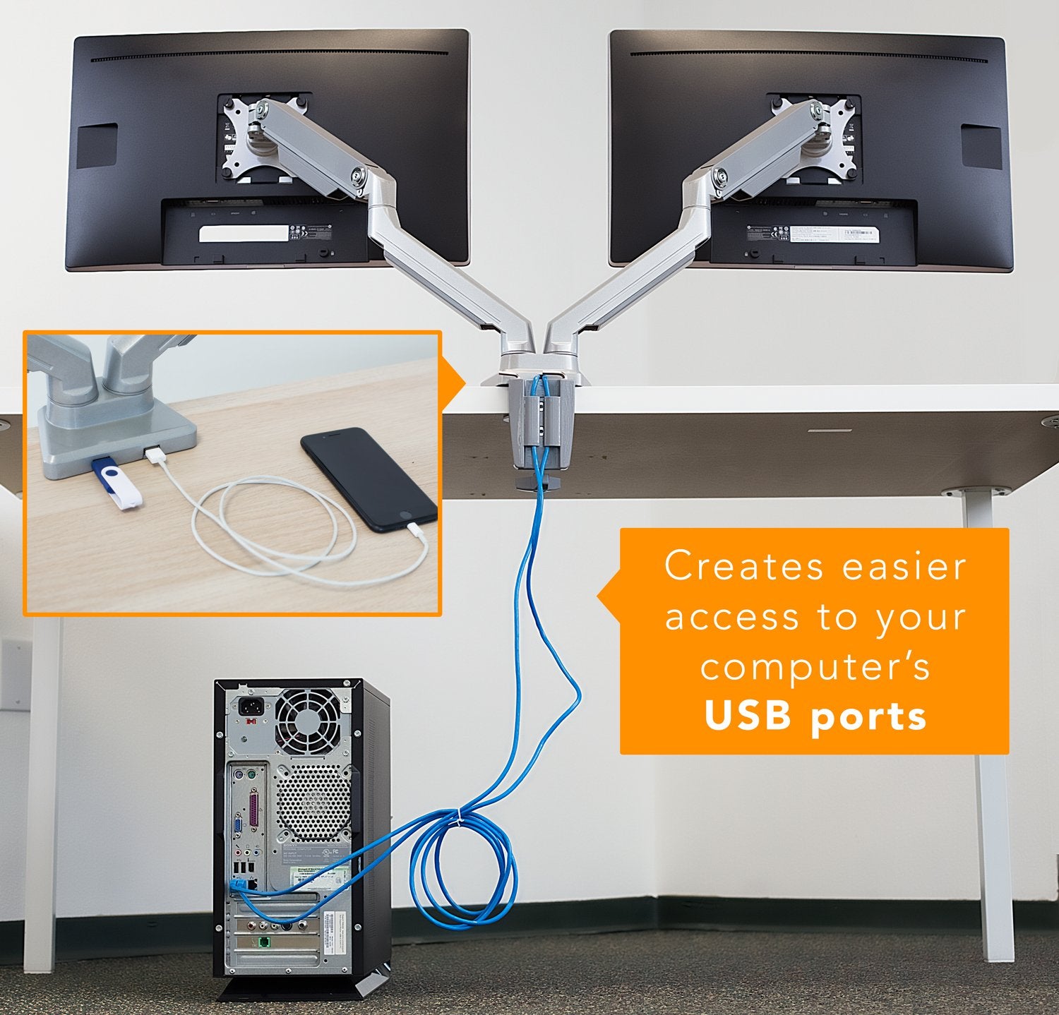 Mount It! Dual Monitor Arm Mount Desk Stand | 2 x 3.0 USB Ports | Articulating Mechanical Spring Height Adjustable | Fits Two 24 27 29 30 32 Inch VESA 75 100 Compatible Screens | C Clamp and Grommet