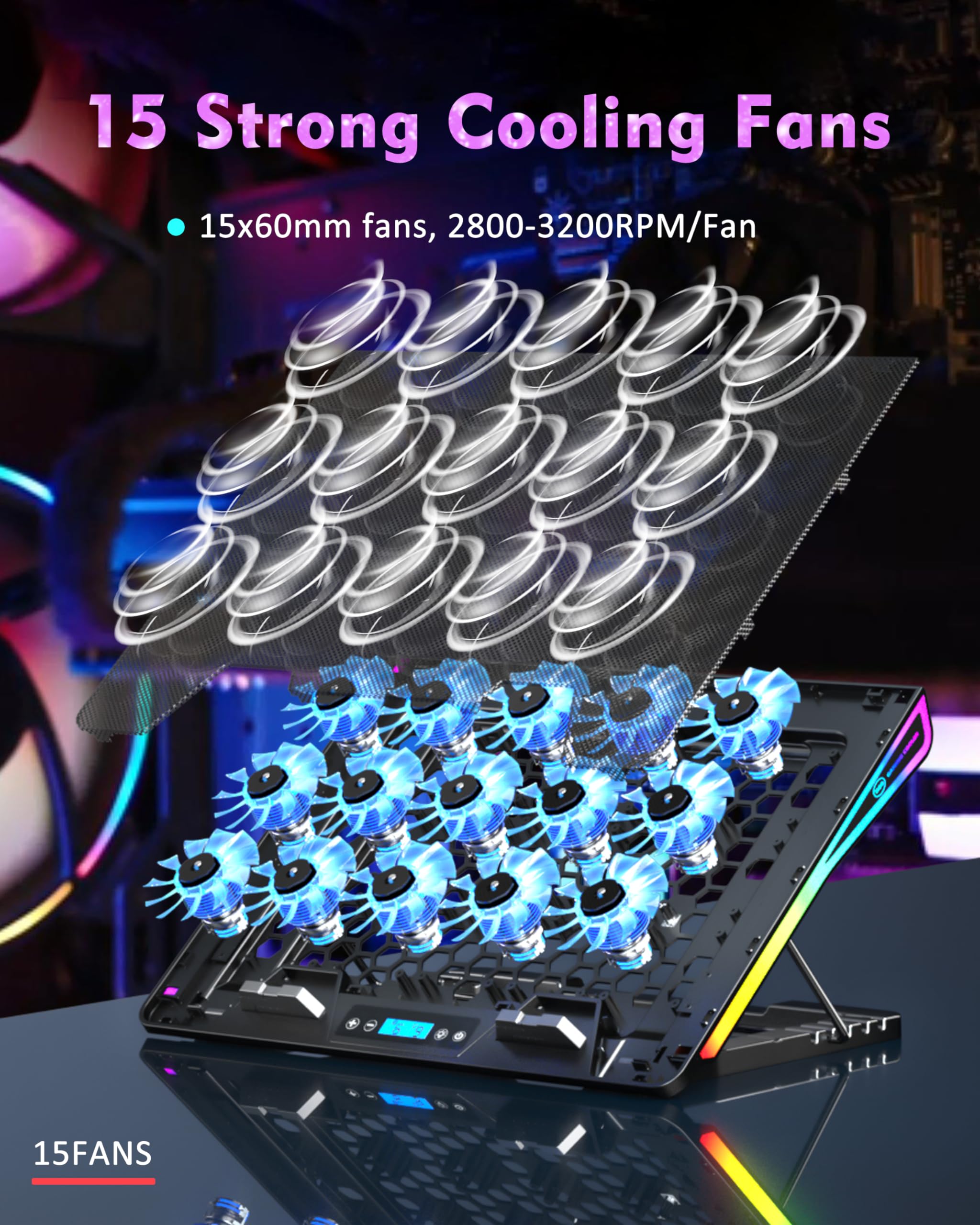 Aicheson Laptop Cooling Pad, 15 Powerful Cooling Fans, Gaming Laptop Cooler With Rgb Lights For 15 17.3 Inch Pc Computers