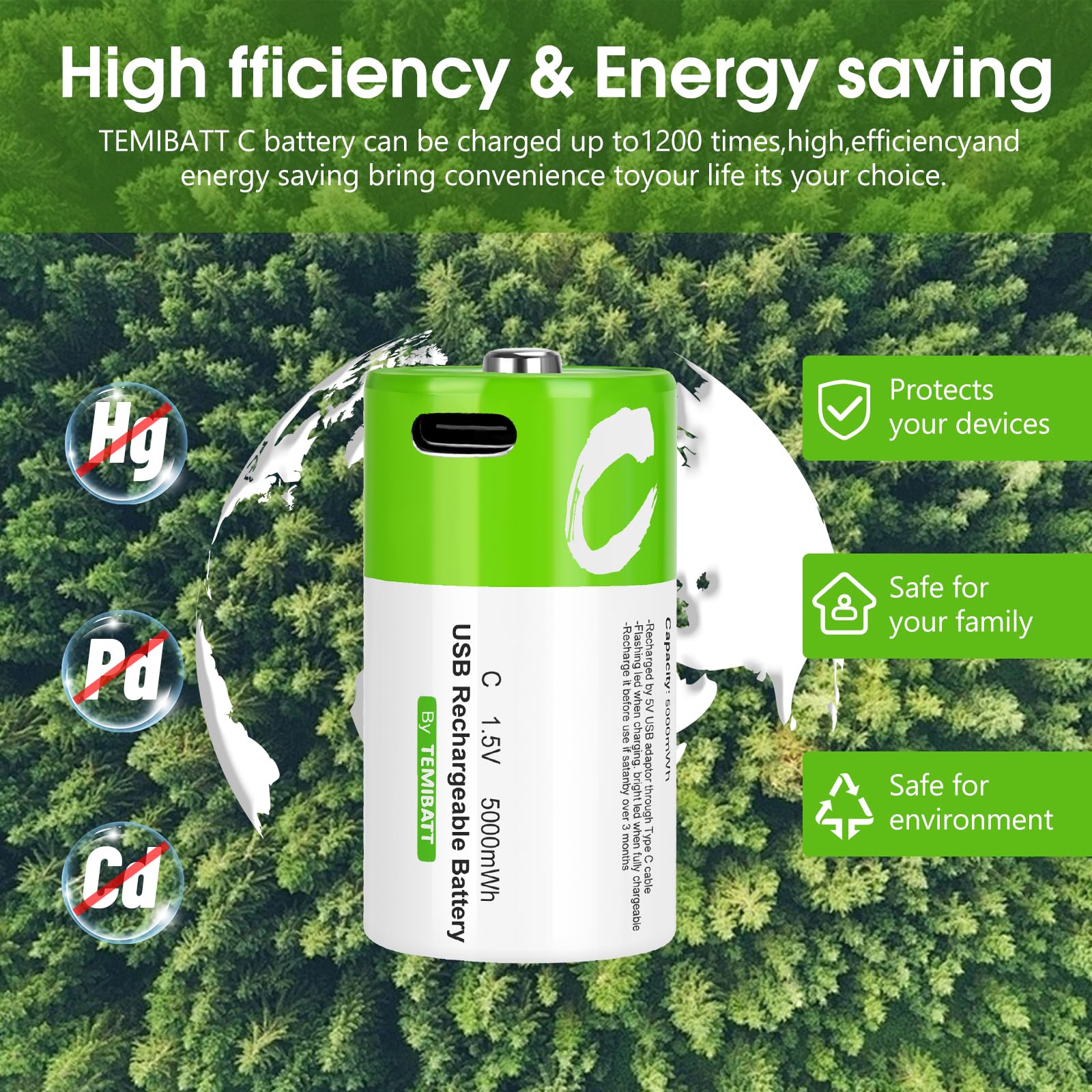 Temibatt Rechargeable C Batteries 8 Pack With 4 In 1 Usb-C Charge Cable,Lr14 1.5V 5000Mwh Li-Ion C Batteries Replacement For Flo