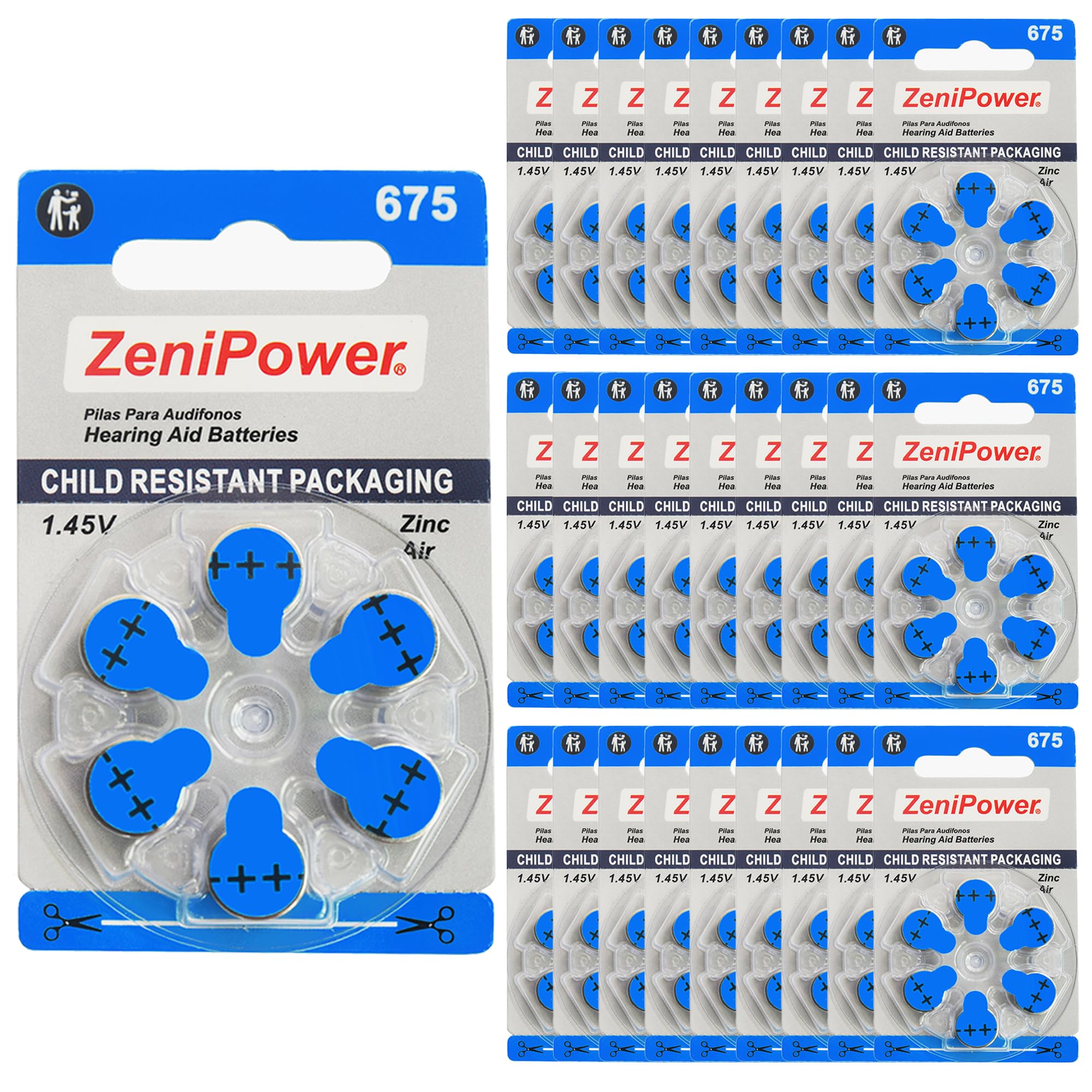 Zenipower Size 675 Mercury Free 1.45V Hearing Aid Batteries Zinc Air (180 Batteries)