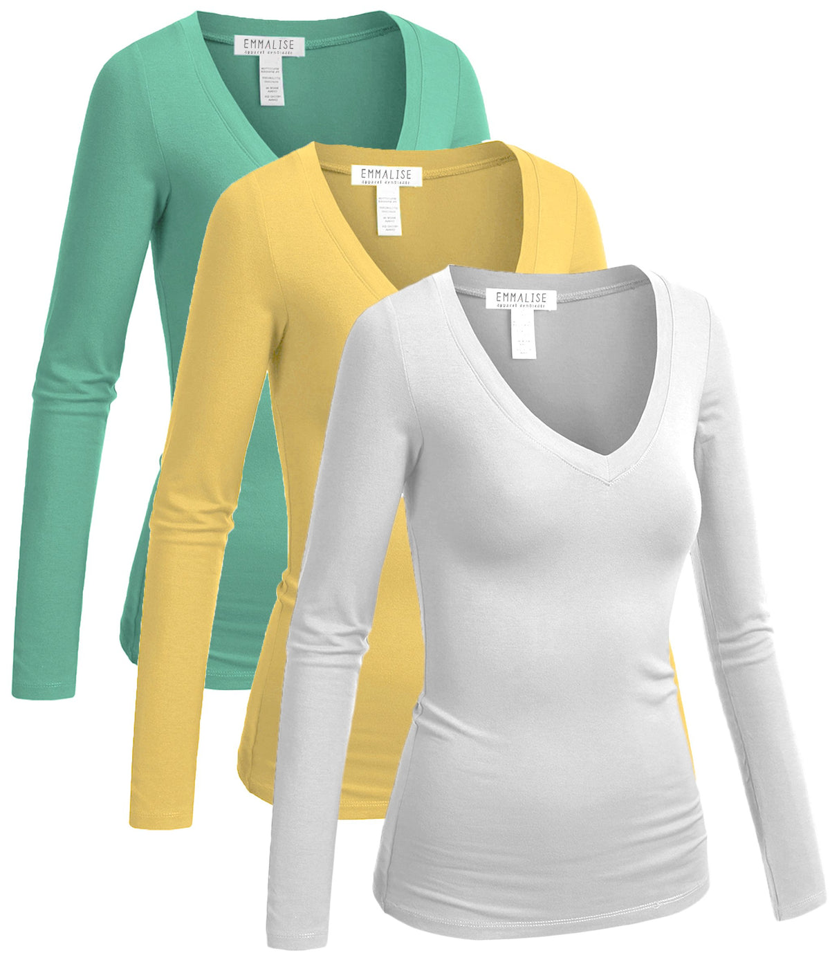 Emmalise Womens Junior And Plus Size Vneck Tshirt Long Sleeves Shirt Tee, 1Xl, 3Pk White,Lightyellow,Softmint