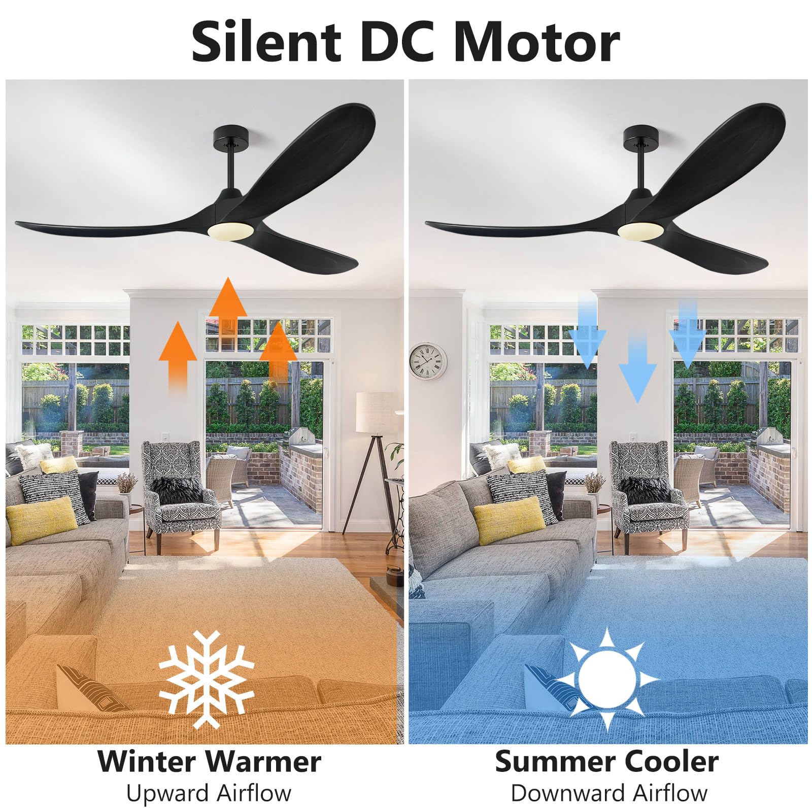 Abz Ceiling Fans With Lights   60 Inch Propeller Ceiling Fan With Remote Control, 3 Blades Black Solid Wood Ceiling Fan For Indo