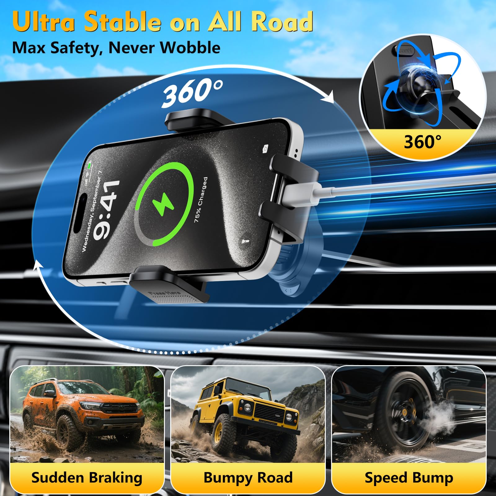 Phone Holders For Your Car 2025 Upgraded Military-Grade Strongest Suction & Stable Clamp Arm Car Phone Holder Mount 360Adjustabl