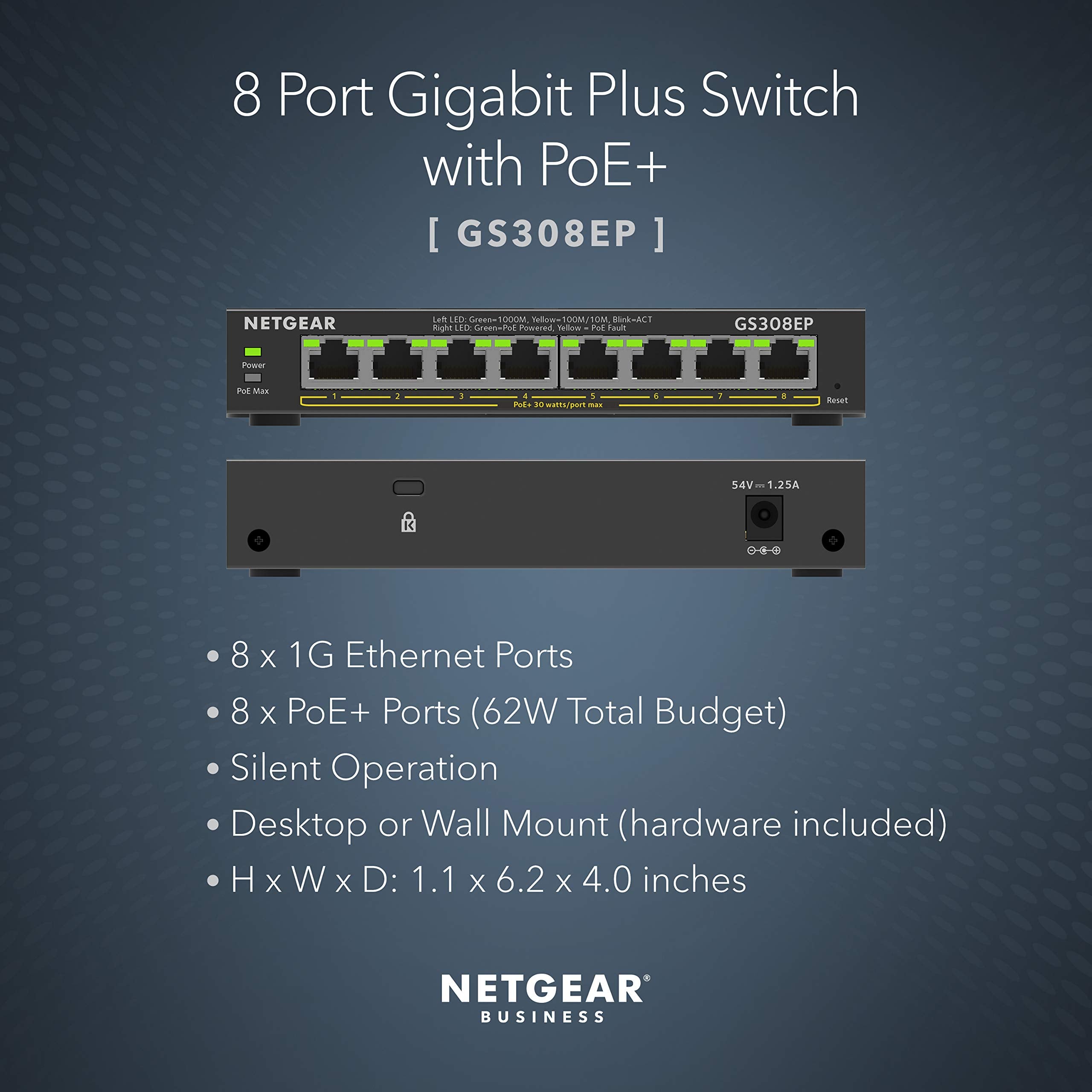 Netgear 8 Port Poe Gigabit Ethernet Easy Smart Managed Essentials Switch (Gs308Ep) - With 8 X Poe+ @ 62W, Desktop Or Wall Mount