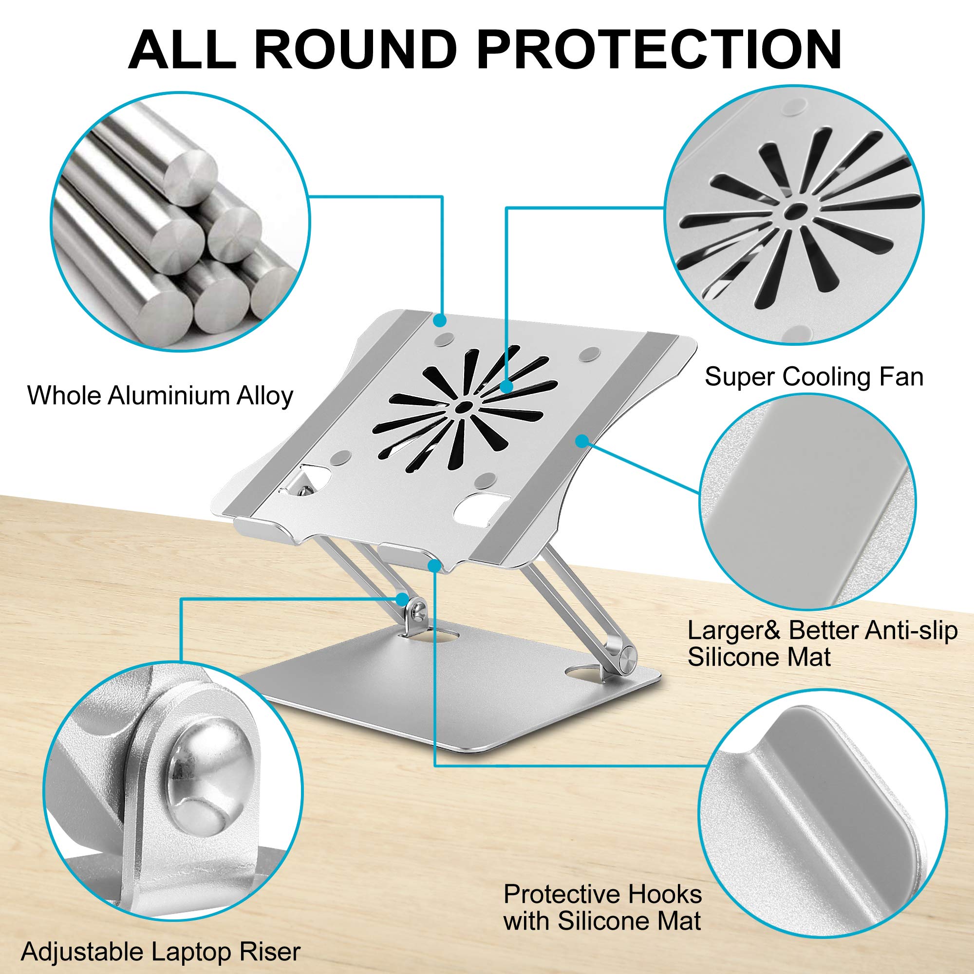 Adjustable Laptop Stand With Cooling Fan, Aluminium Alloy Multi Angle Computer Holder For Desk, Portable Notebook Metal Mount Co