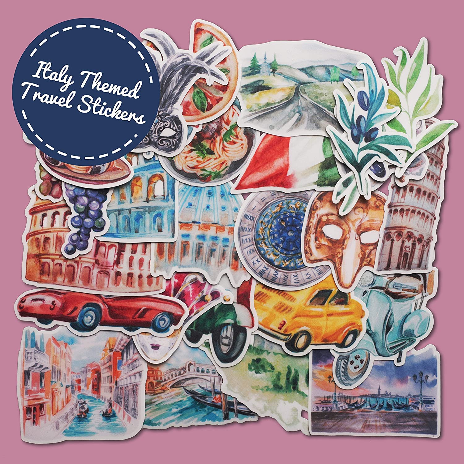 Navy Peony Inspiring Italy Travel Stickers (28 Pack)   Cute, Waterproof, Small | Aesthetic Adventure Decals For Water Bottles, L