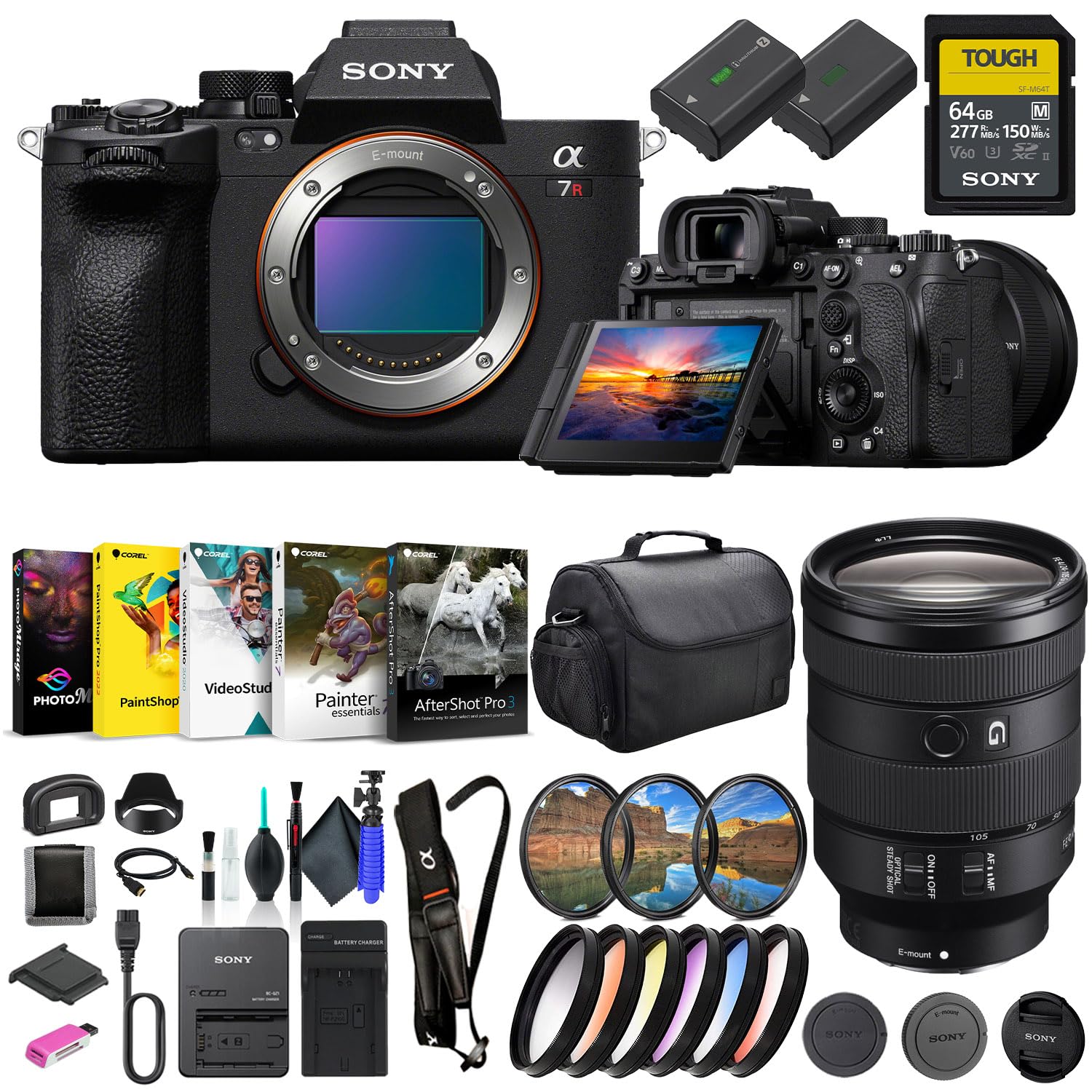 Sony a7R V Mirrorless Camera ILCE7RM5/B, Sony FE 24-105mm Lens, 64GB Memory Card, Filter Kit, Color Filter Kit, Corel Photo Soft