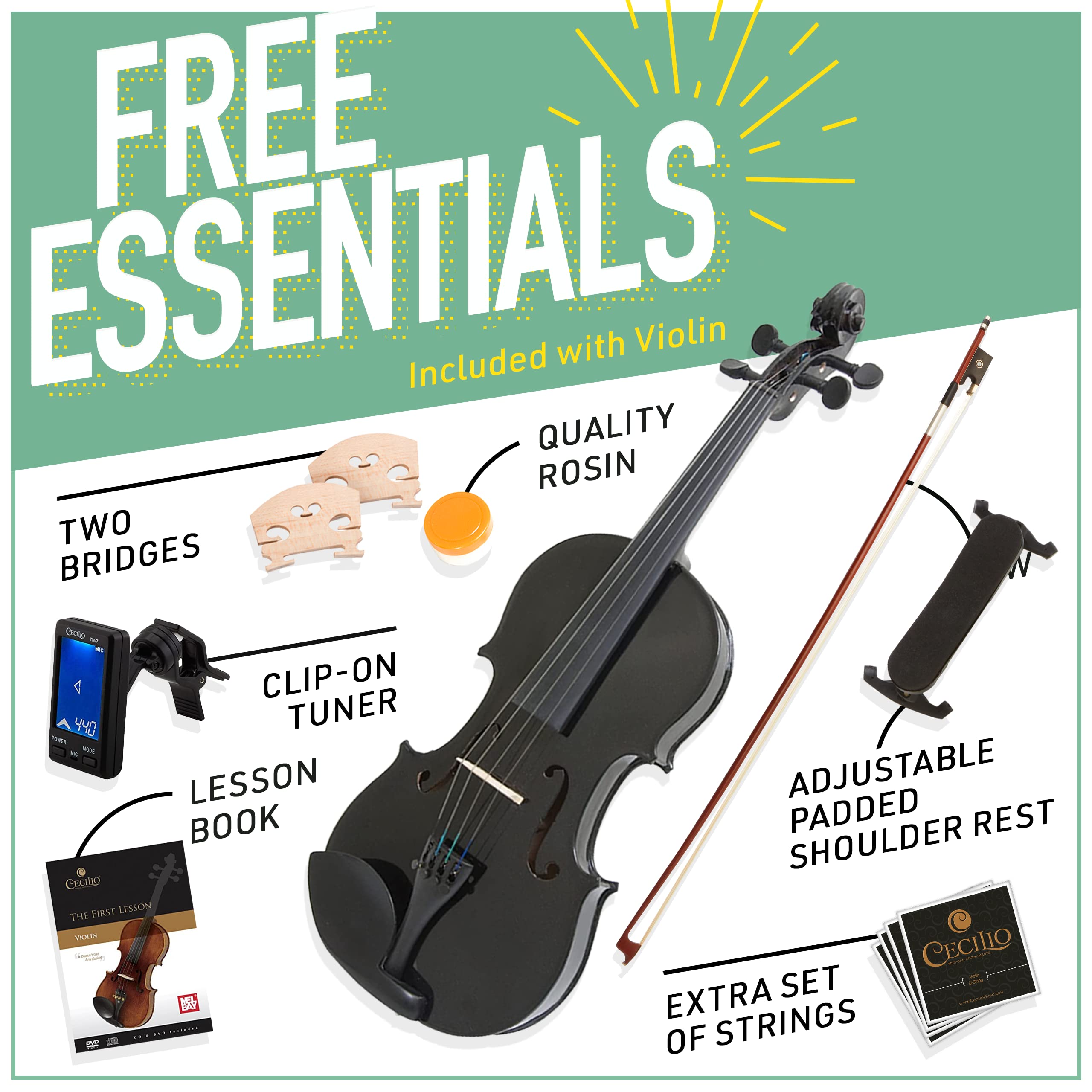 Mendini By Cecilio Violin For Kids & Adults   4/4 Mv Metallic Black Violins, Student Or Beginners Kit W/Case, Bow, Extra Strings