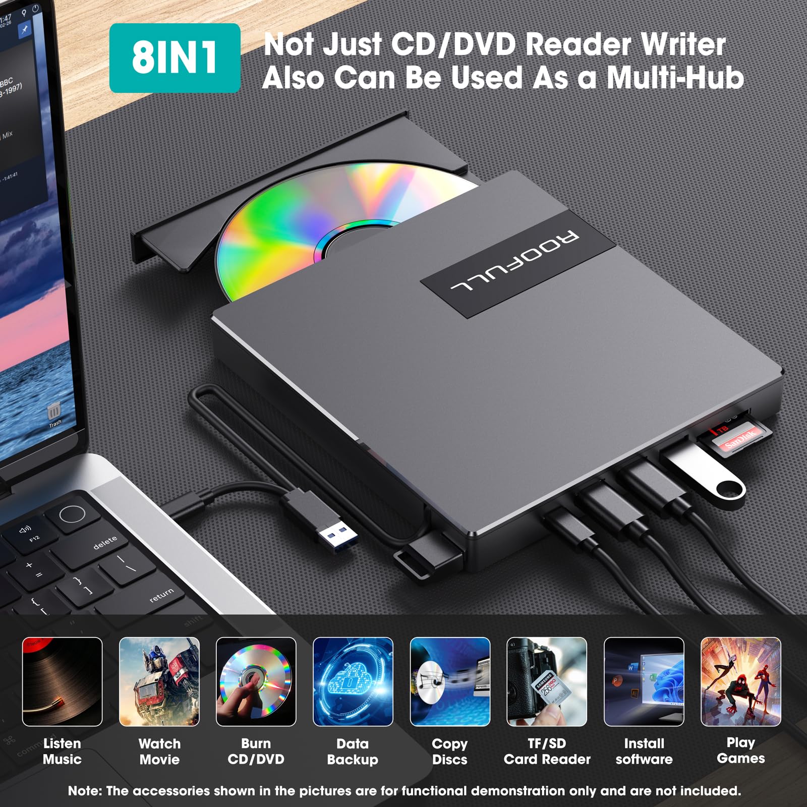 Roofull External Cd Dvd Drive Usb 3.0 Usb C With 4*Usb Ports And Sd/Tf Card Slot, Portable Cd Dvd Player Burner Optical Disc Rom