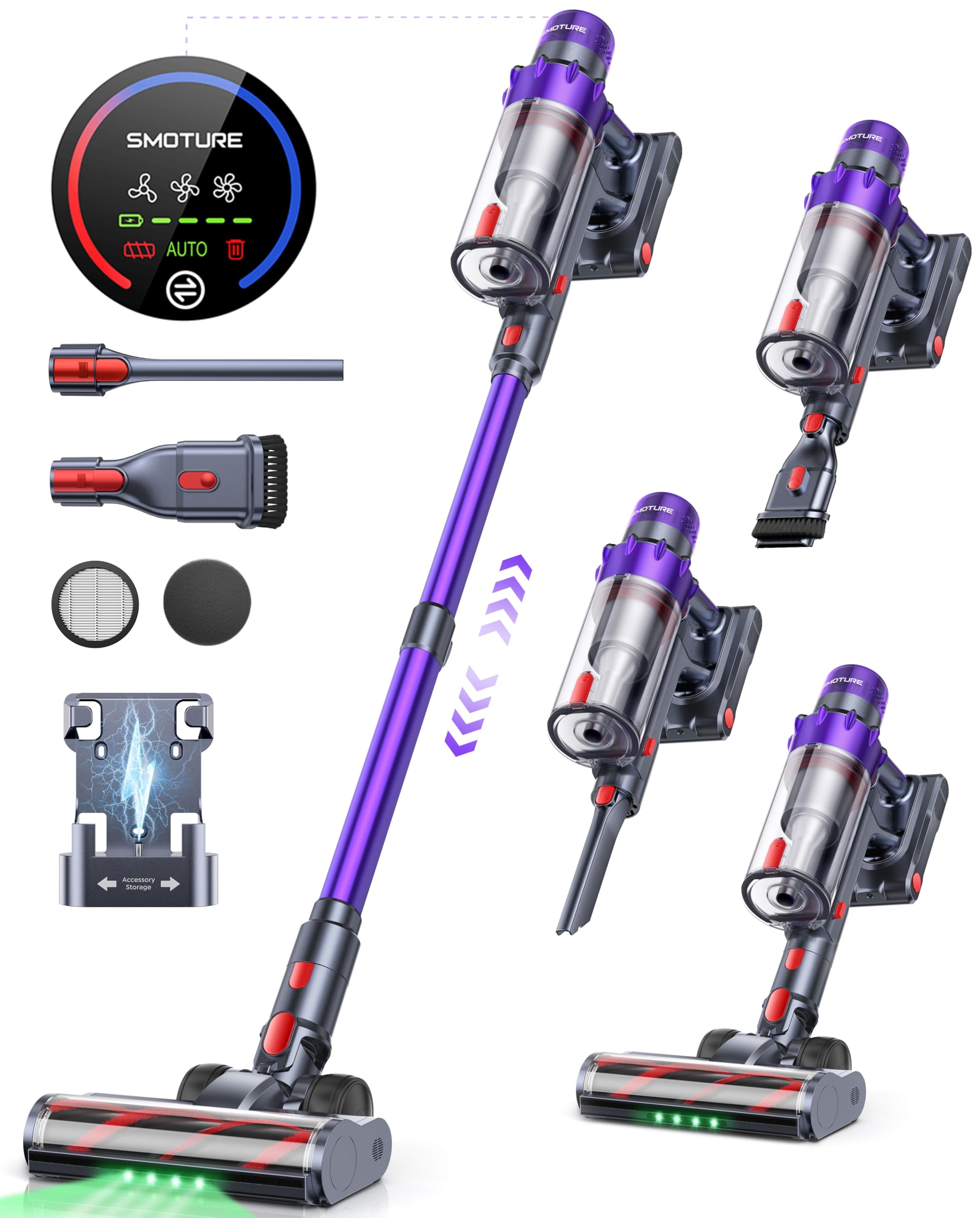 Cordless Vacuum Cleaner, 550W 45Kpa 60 Mins Runtime Vacuum Cleaners For Home, Stick Vacuum With Self Standing, Wall Mount Chargi