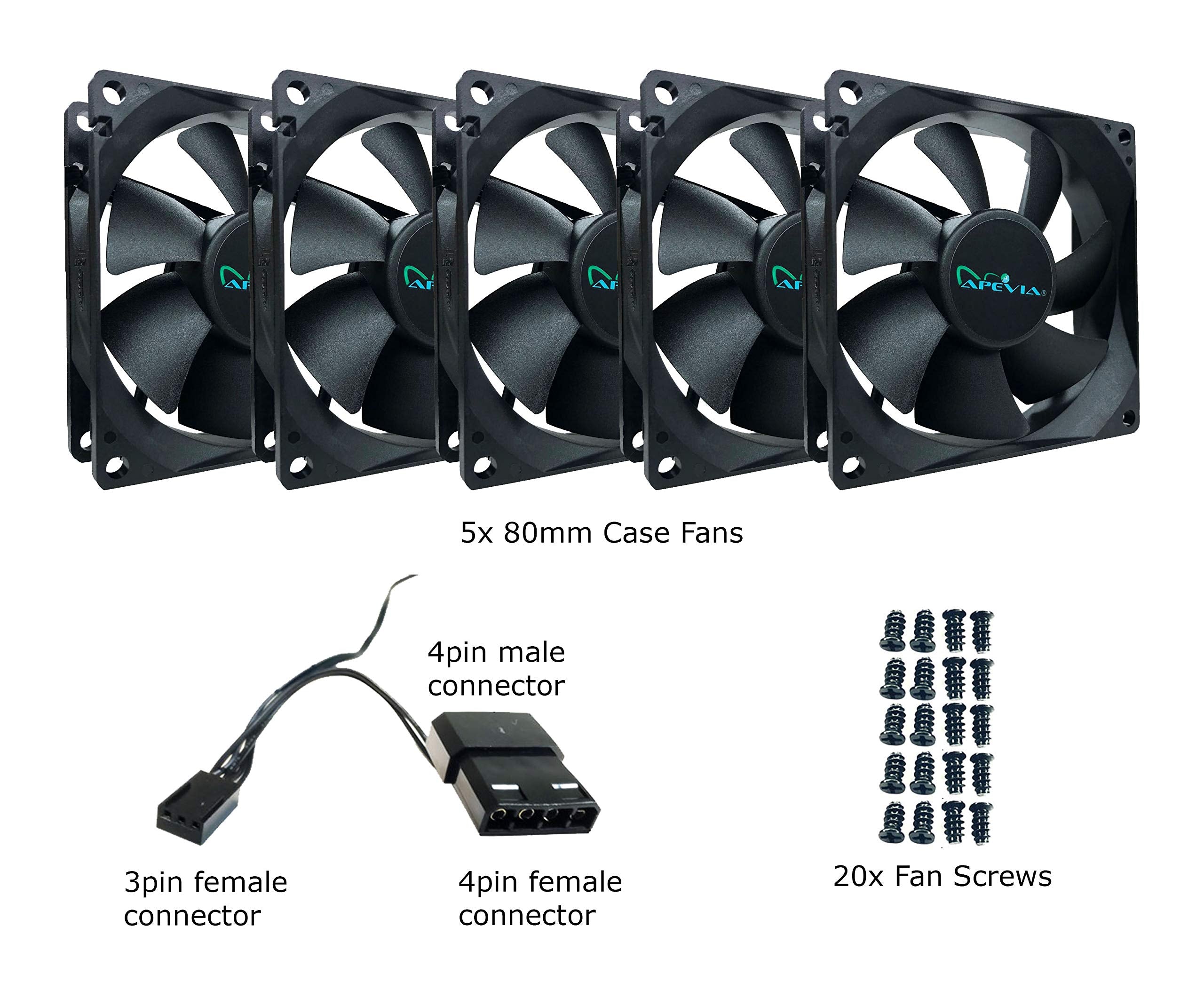 Apevia Af58S Bk 80Mm 4Pin Molex + 3Pin Motherboard Silent Black Case Fan   Connect To Power Supply Or Motherboard (5 Pk)