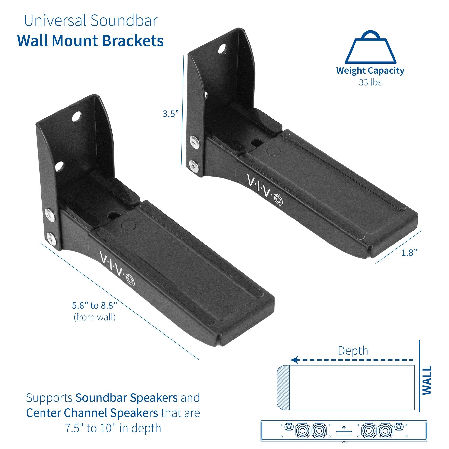 Vivo Steel Universal Dual Soundbar Wall Mount L Brackets, Adjustable Extending Speaker Arm Holders, Black, Mount Spsb4