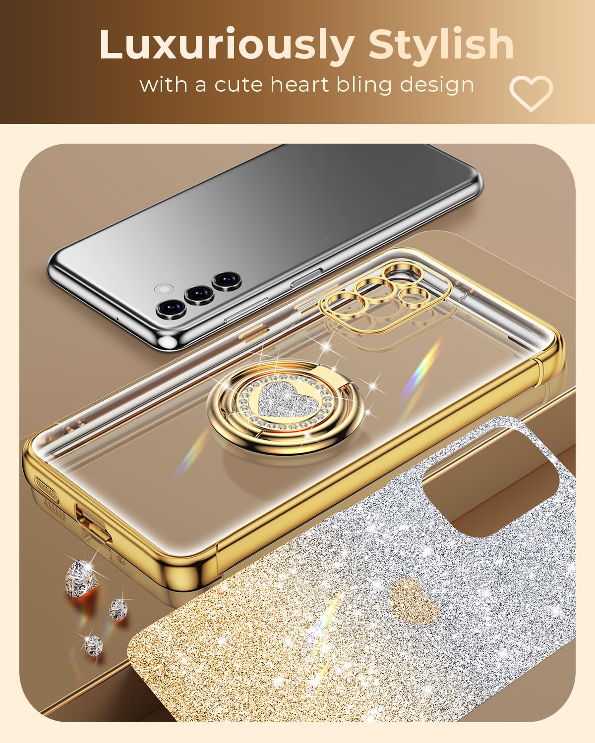 Xyz For Samsung Galaxy A35 5G Case With Stand, Galaxy A35 5G Case With Double Ring, Women Girls Bling Luxury Glitter Clear Phone