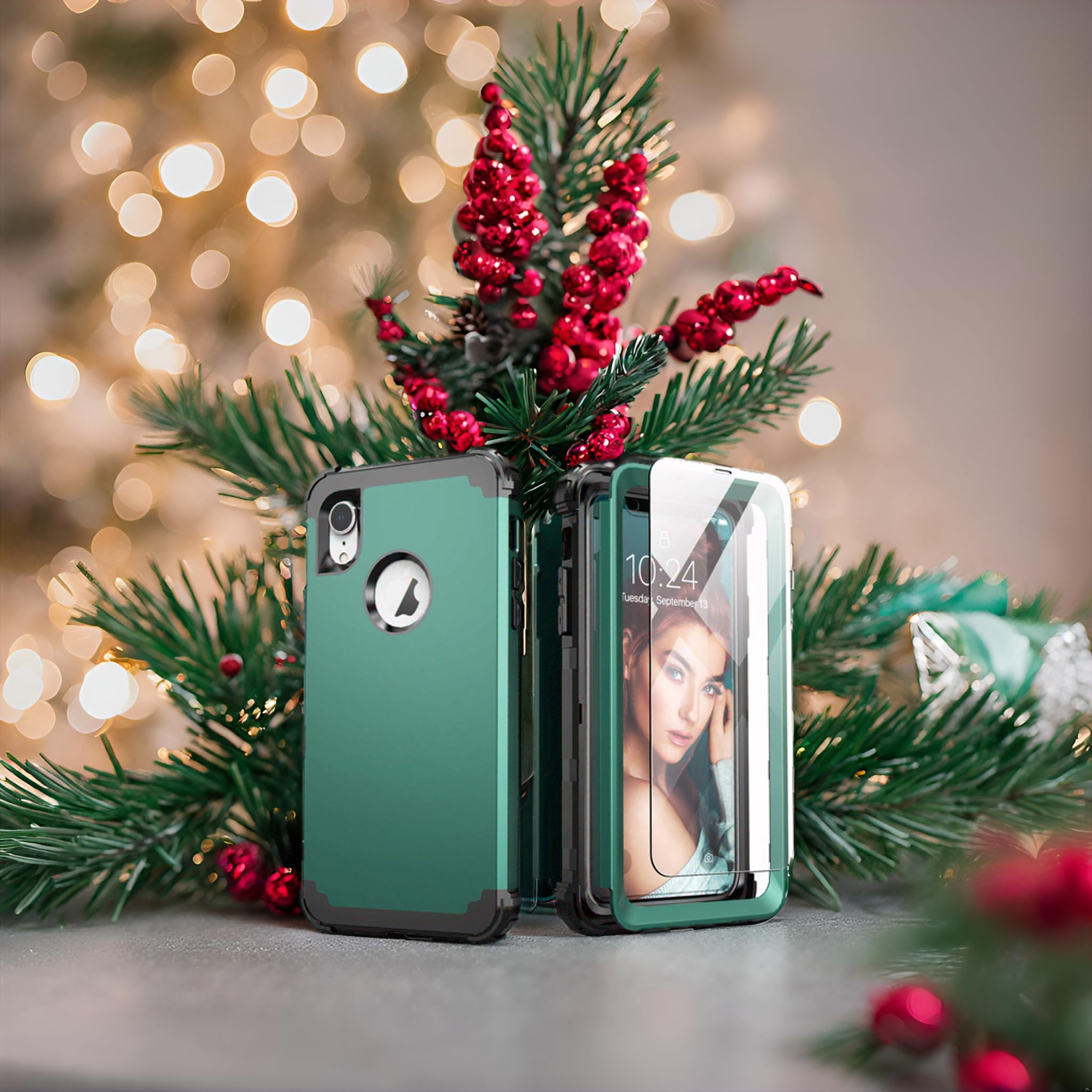 IDweel iPhone XR 3-in-1 Shockproof Hybrid Full Body Phone Case PC Silicone Graphite Green with Tempered Glass