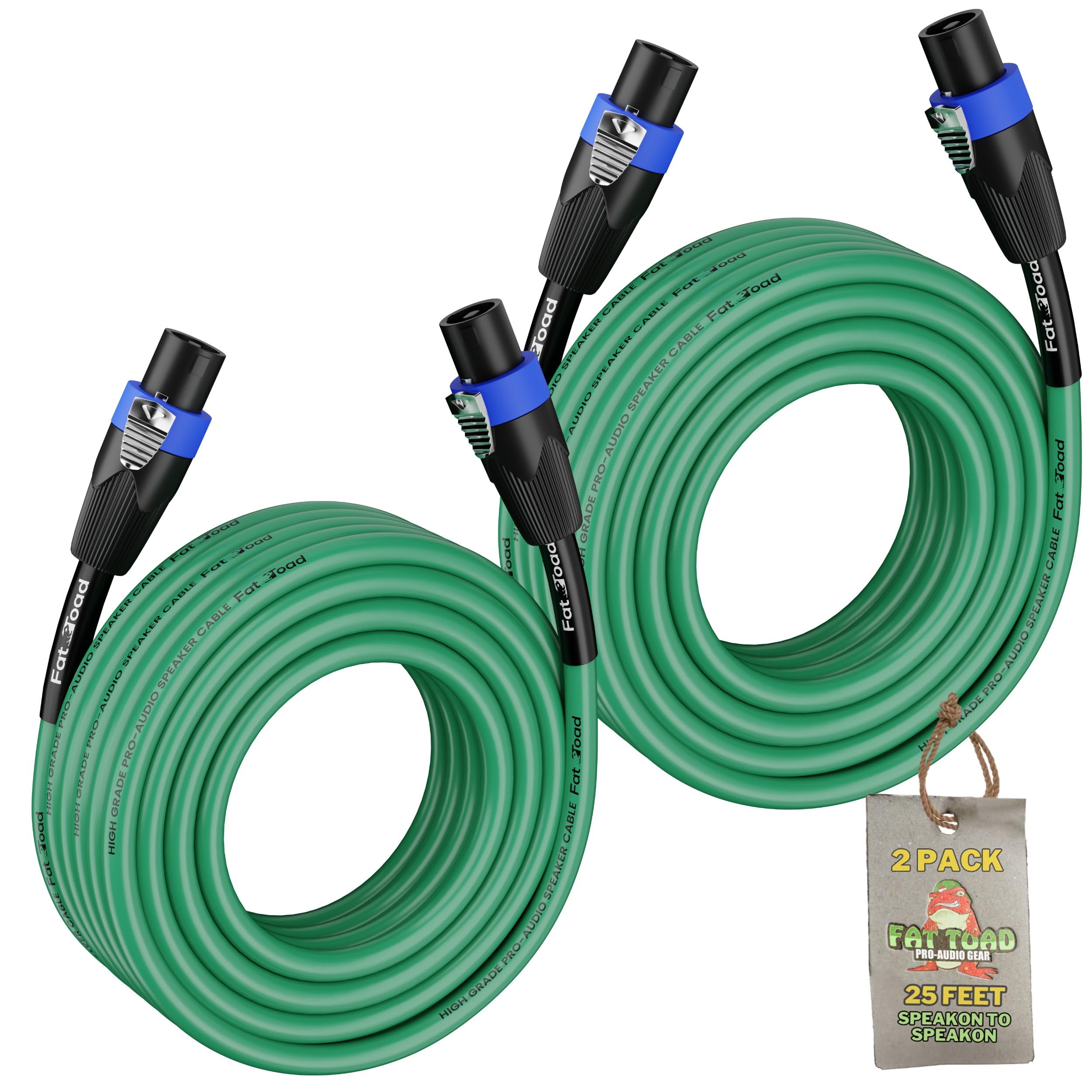 Fat Toad Speakon To Speakon Cables (2 Pack) 25Ft Professional Dj Pro Audio Green Speaker Pa Cord With Twist Lock Connector | 12