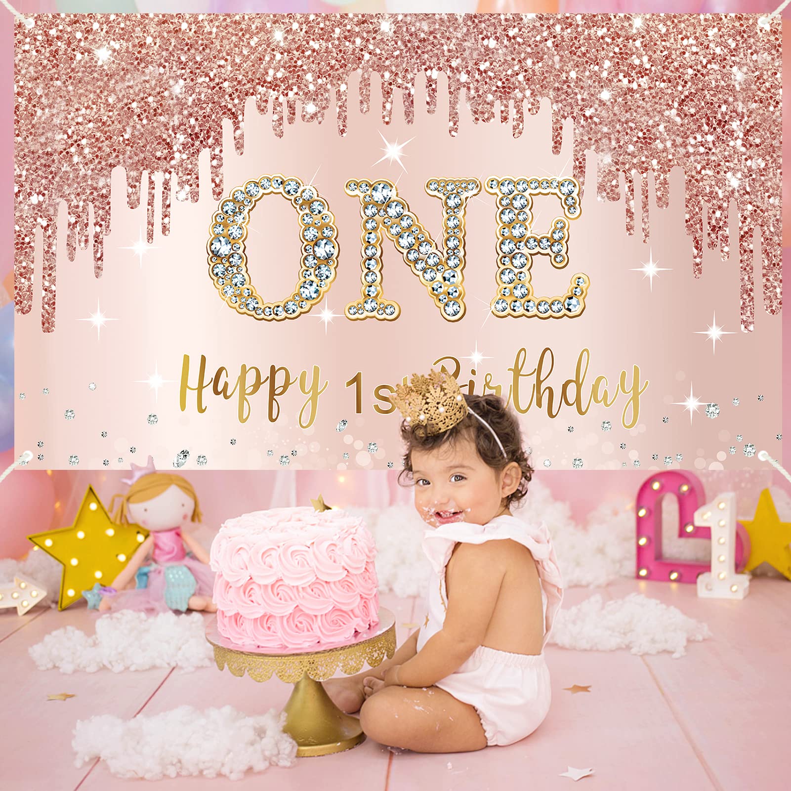 Happy 1St Birthday Banner Backdrop Decorations For Girls, Rose Gold 1 Year Old Birthday Party Sign Supplies, Pink One Birthday P