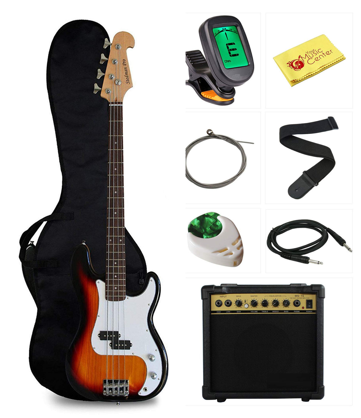 Stedman Pro Beginner Series Bass Guitar Bundle With 15 Watt Amp, Gig Bag, Instrument Cable, Strap, Picks, And Polishing Cloth   