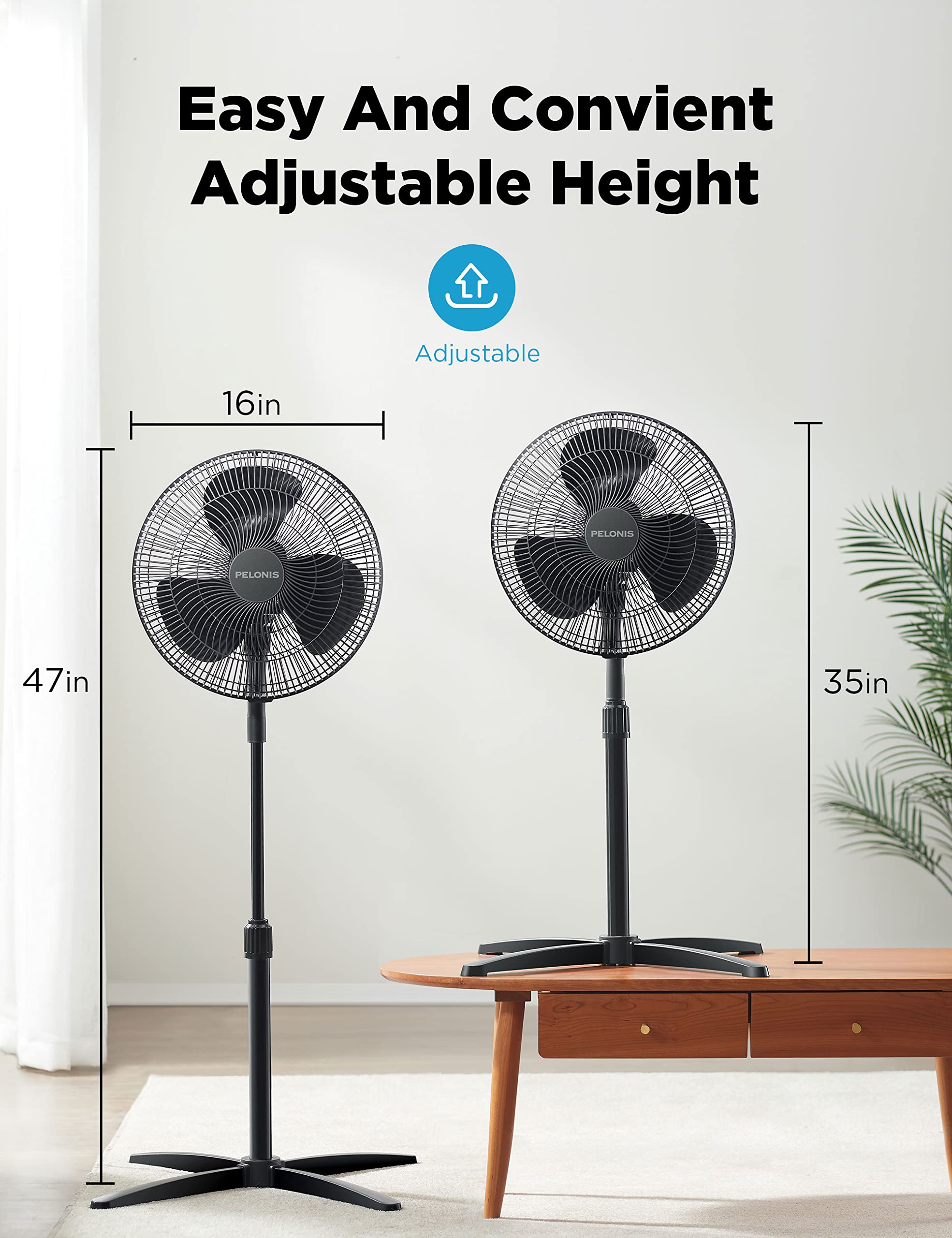Pelonis Fan Portable 16 Inch Pedestal Fan| 3 Speed| 90 Oscillation| Adjustable Height| Standing Floor Fan For Living Room, Bedro