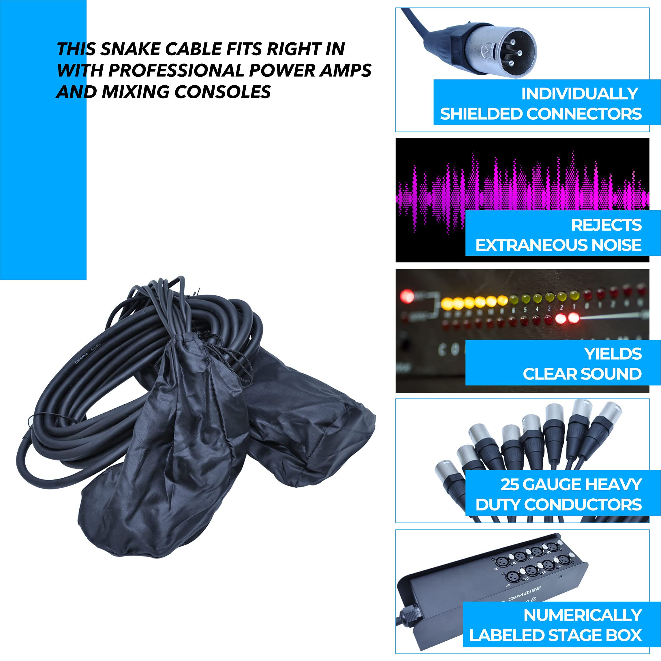 Seismic Audio Speakers 8 Channel Low Profile Xlr Send Sub Snake Cable, Xlr Splitter Cable, 25 Feet
