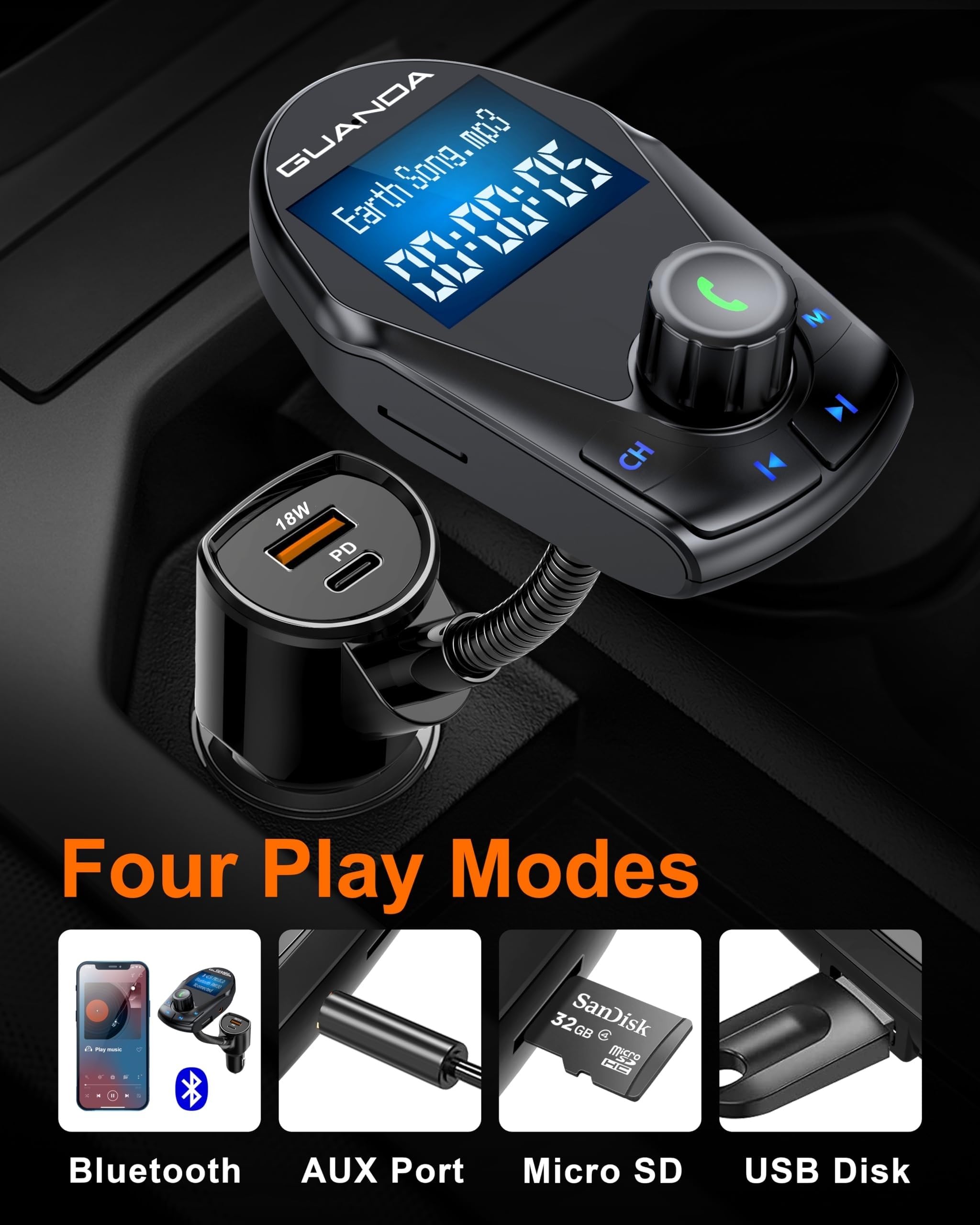 Bluetooth Transmitter Car Bluetooth Adapter, Fm Transmitter Wireless Radio Adapter Kit 1.44'' Display, Mp3 Music Player, Pd 30W
