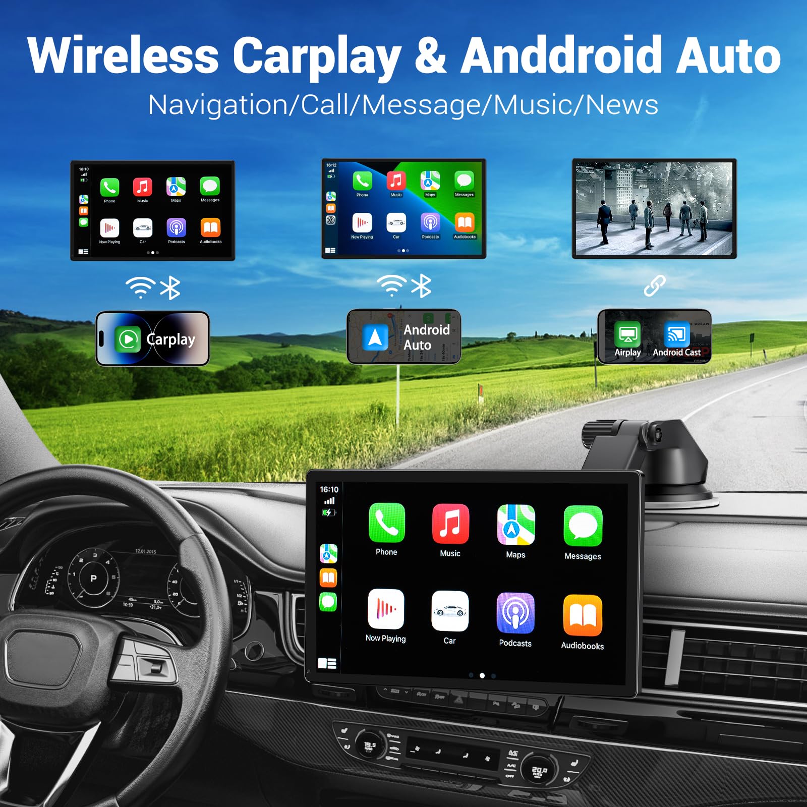 Hauxiy Wireless Carplay Touchscreen With 4K Dash Cam, 9'' Portable Apple Carplay & Android Auto Car Stereo, Carplay Screen With
