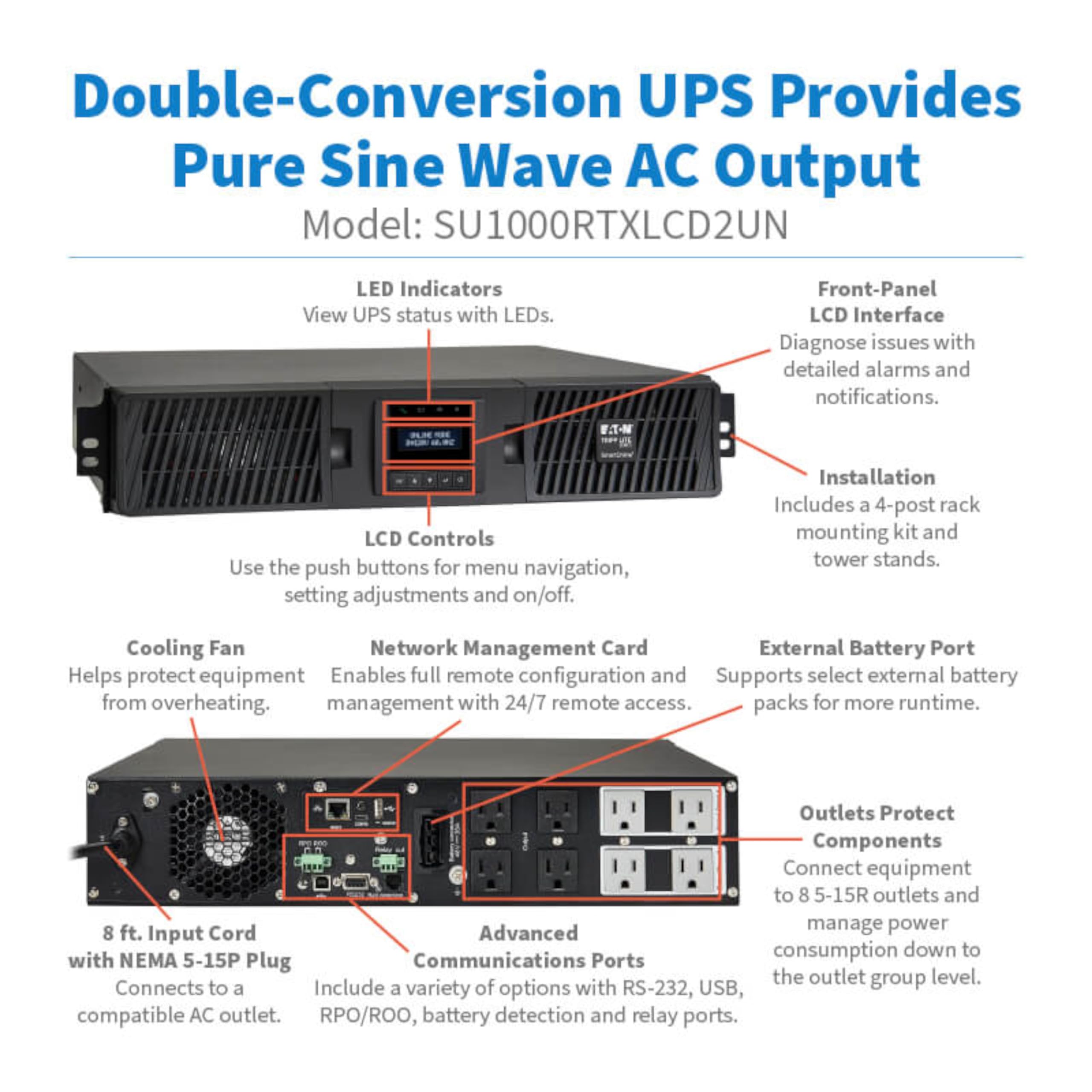 120V 1000Va 900W Double-Conversion Ups - 6 Outlets, Extended Run, Webcardlx, Lcd, Usb, Db9, 2U Rack/Tower