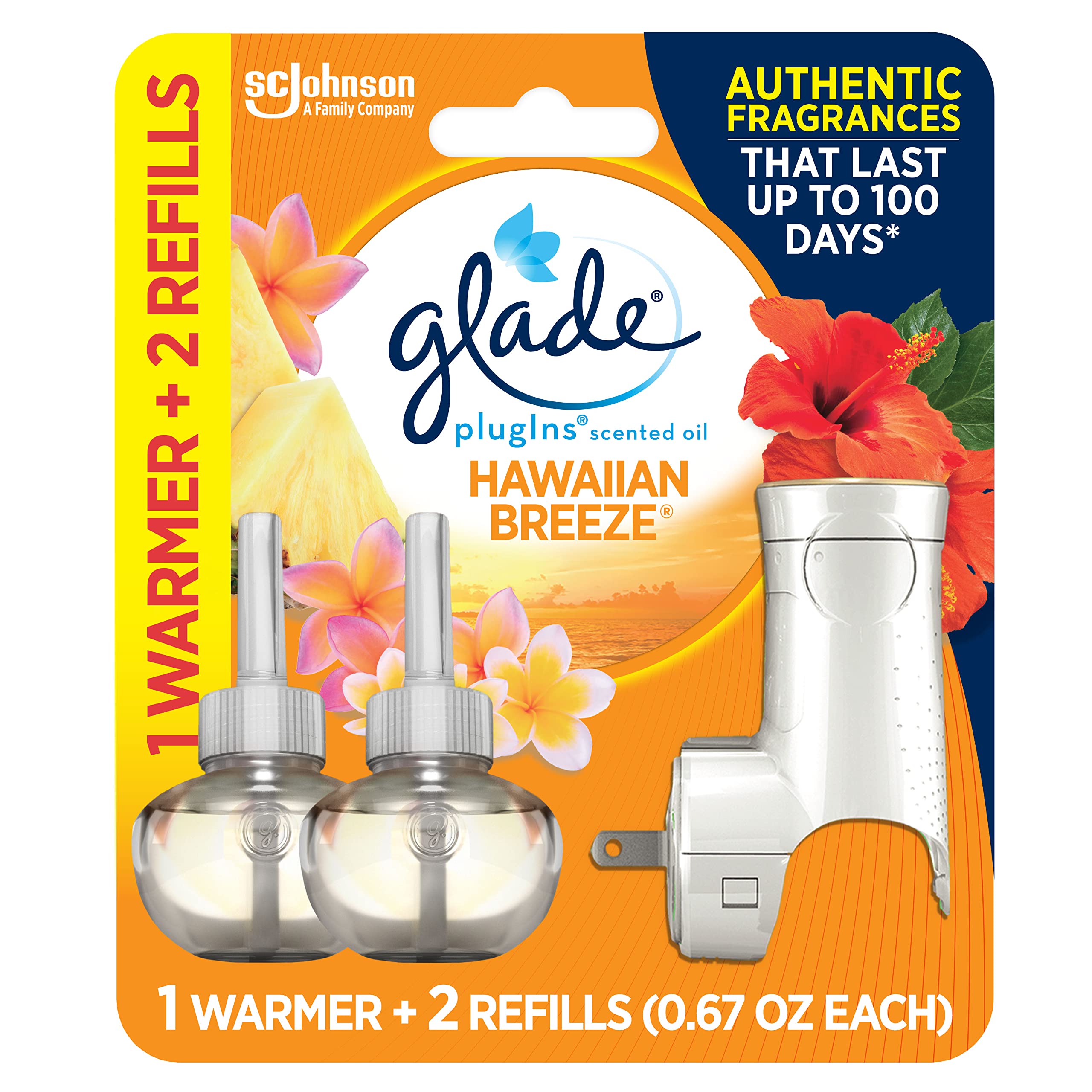 Glade PlugIns Refills Air Freshener Starter Kit, Scented and Essential Oils for Home and Bathroom, Hawaiian Breeze, 1.34 Fl Oz, 