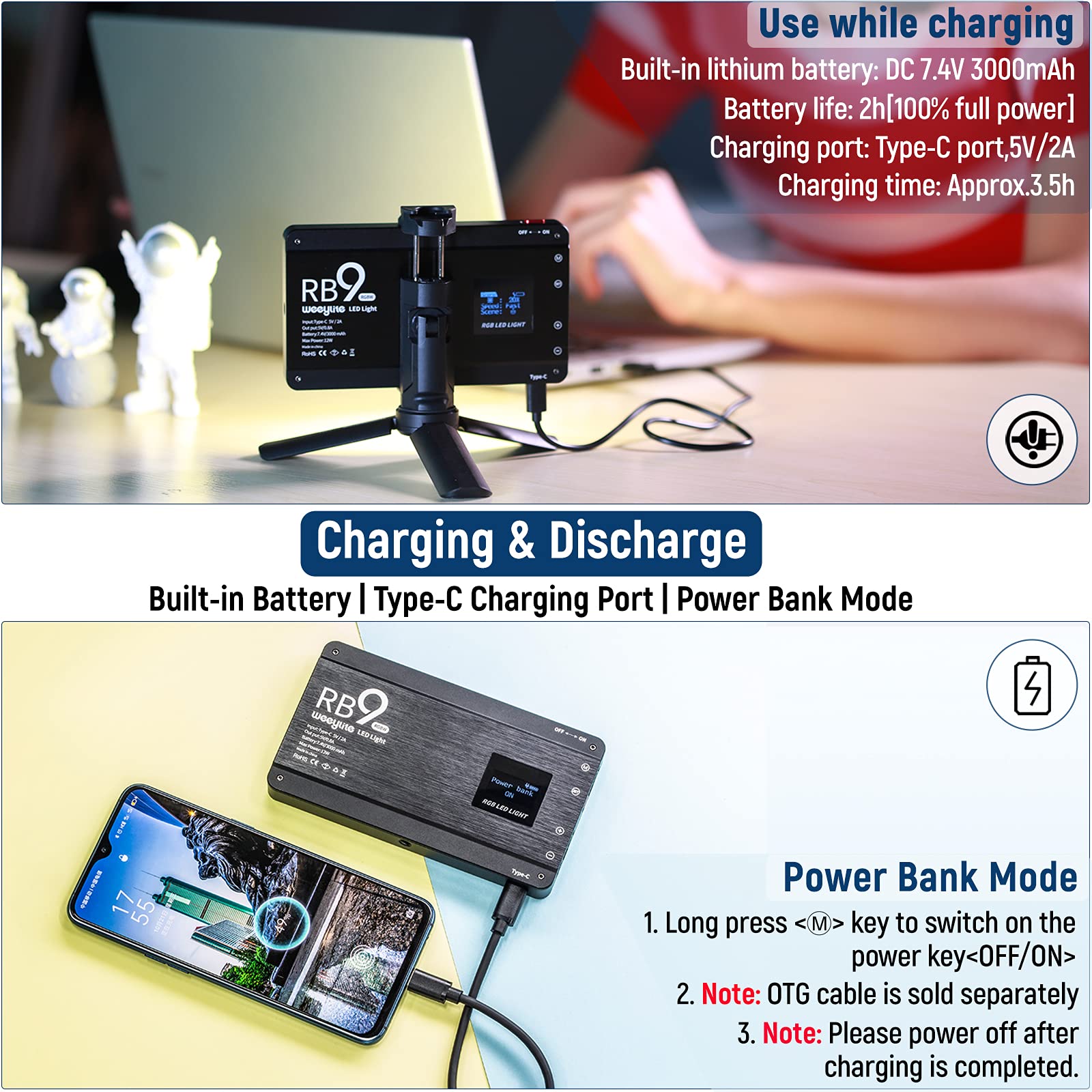 Weeylite Rb9 Rgb Camera Video Light, App Control 12W Led On Camera Light With Tripod, 2500 8500K 360 Full Color Cri 95+ Rgb Vide