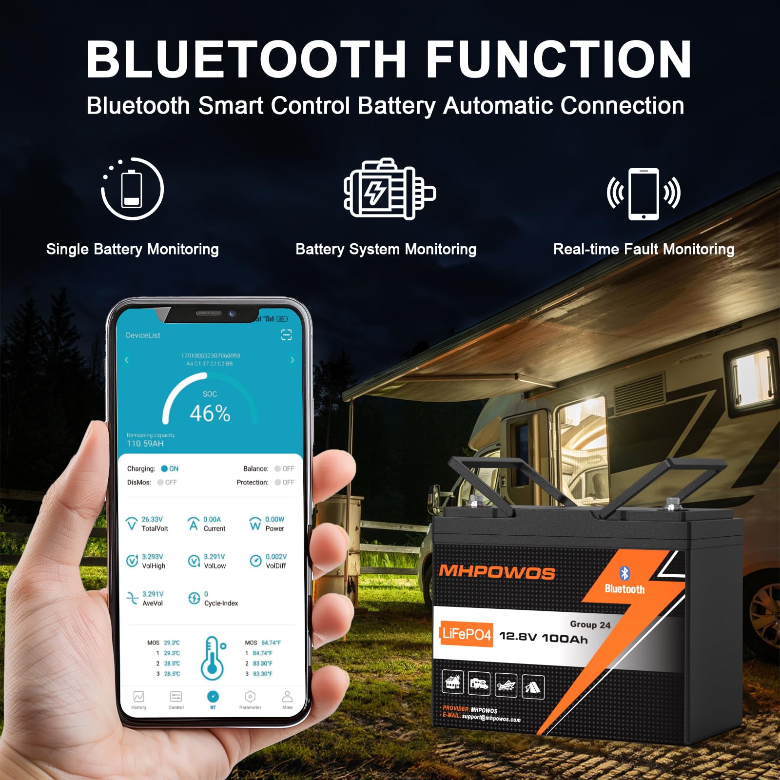 12V 100Ah Lifepo4 Trolling Motors Battery, Group 24 Bluetooth Lithium Battery, 15000 Deep Cycle, 100A Bms Low Temperature Protec