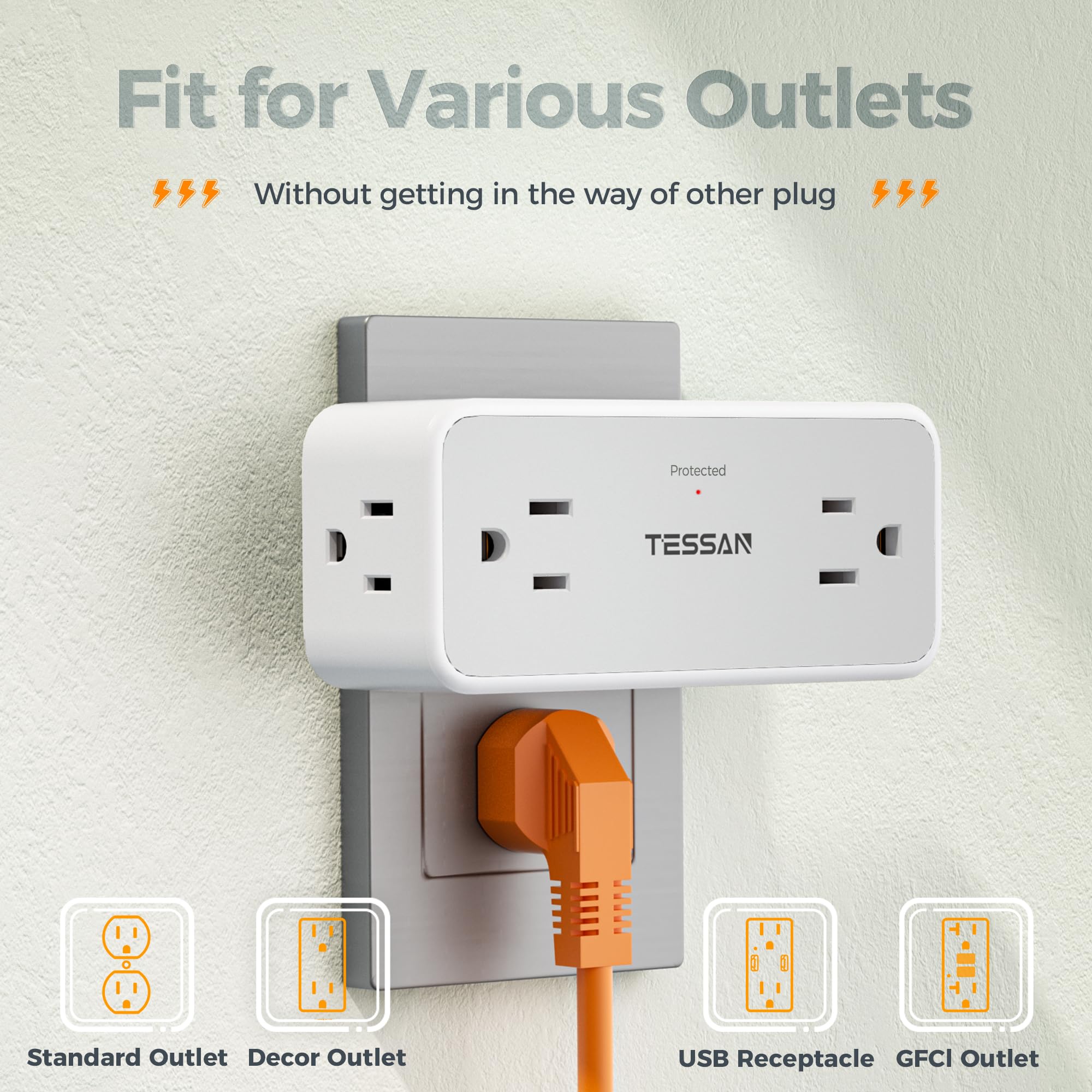 Surge Protector Outlet Extender, Tessan Multi Plug Wall Outlet With 4 Widely Spaced Adapter, 900J Wall Charger, Multiple Plug Sp