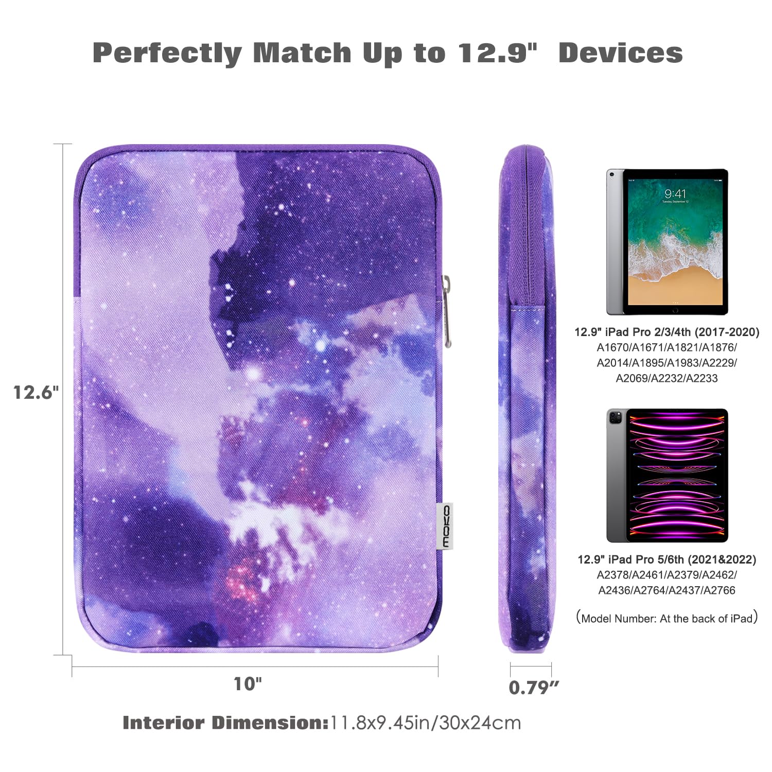 MoKo 12.9 Inch Laptop Sleeve Case Fits iPad Pro 12.9 M2 2022/2021/2020, Galaxy Tab S8+/S9+ 12.4 2022/2023, Polyester Bag Fit with Apple Pencil and Smart Keyboard, Purple Starry Sky