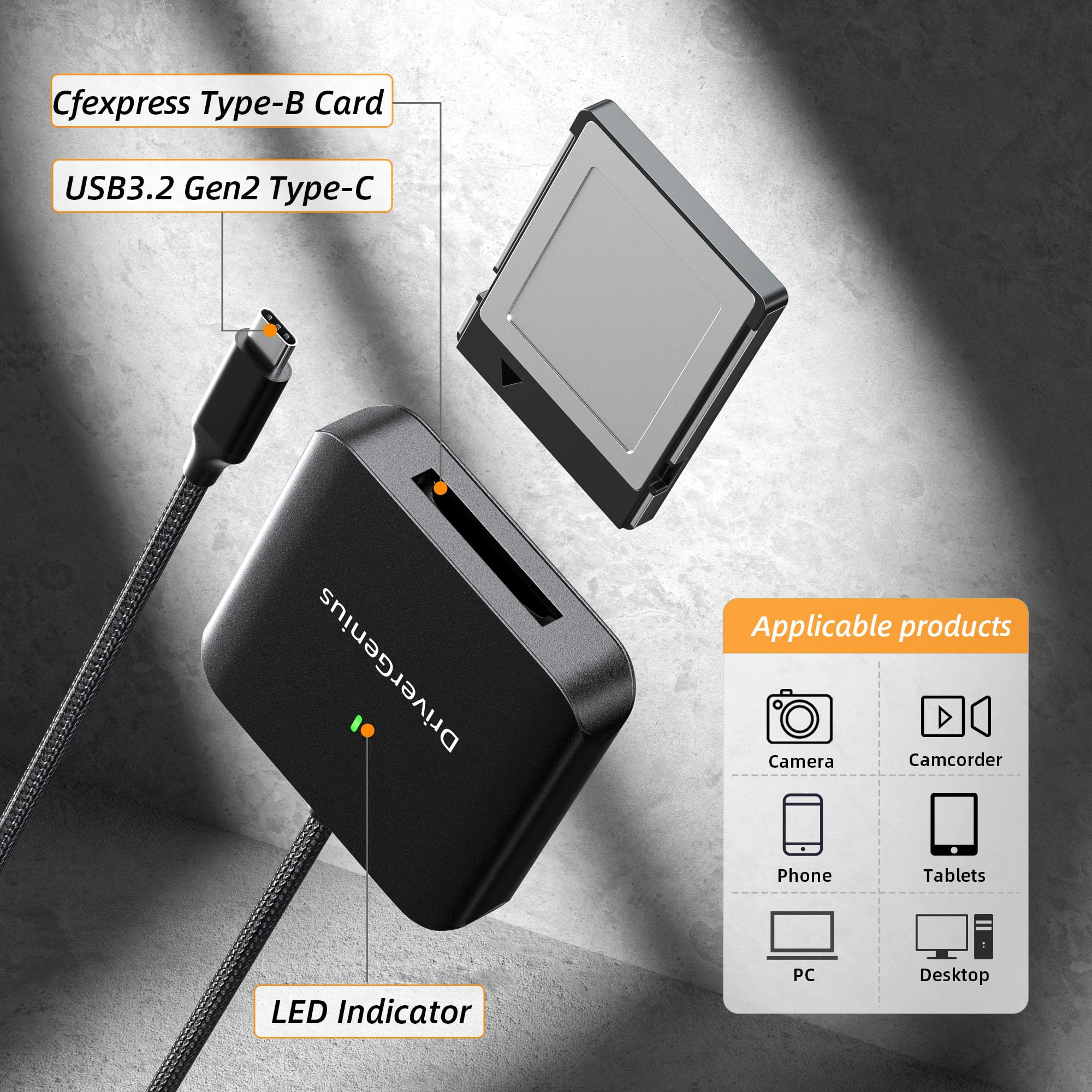 Drivergenius Cfexpress Type B Card Reader With Usb Type C 3.2 Gen 2 10Gbps   30Cm/0.98Ft Nylon Braided Cable   For Professional Photographers And Videographers (Hb093, Metal)
