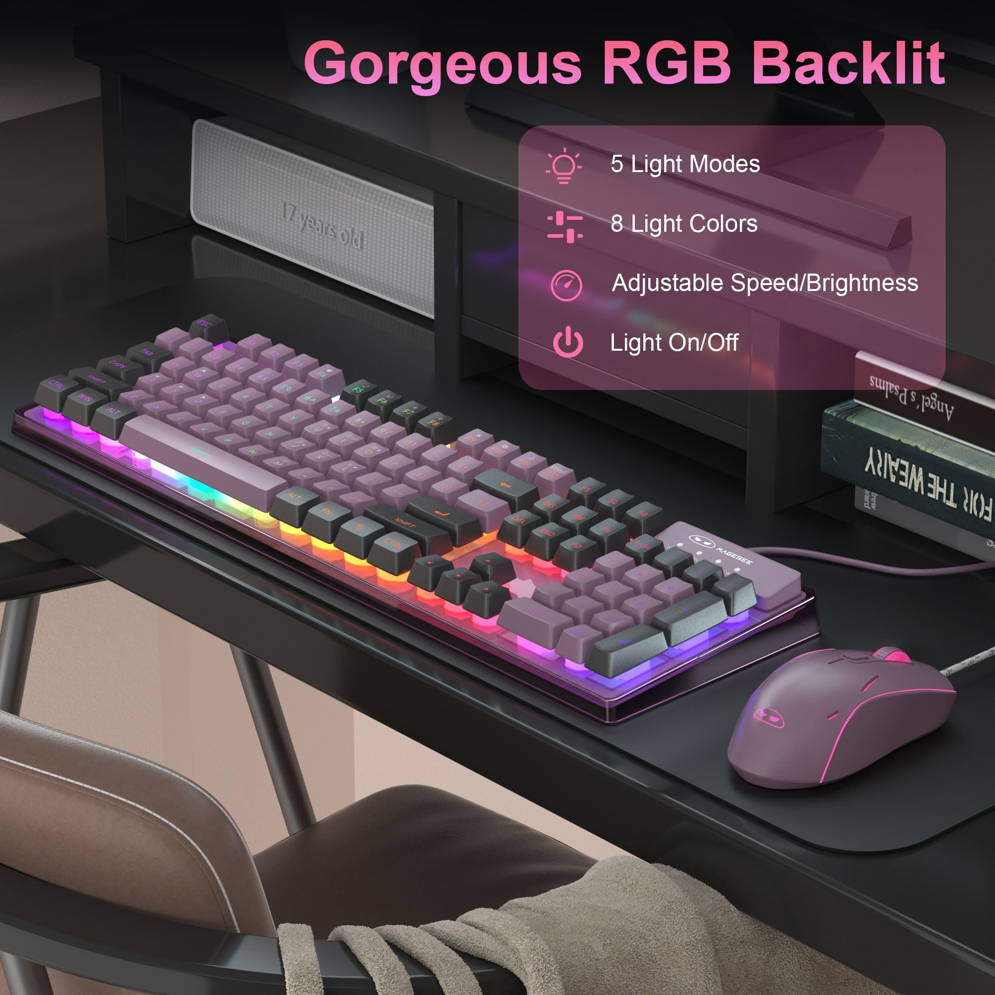 MageGee Gaming Keyboard and Mouse Combo - K1 RGB LED Backlit Keyboard for PC/Laptop, Blackcurrant Color
