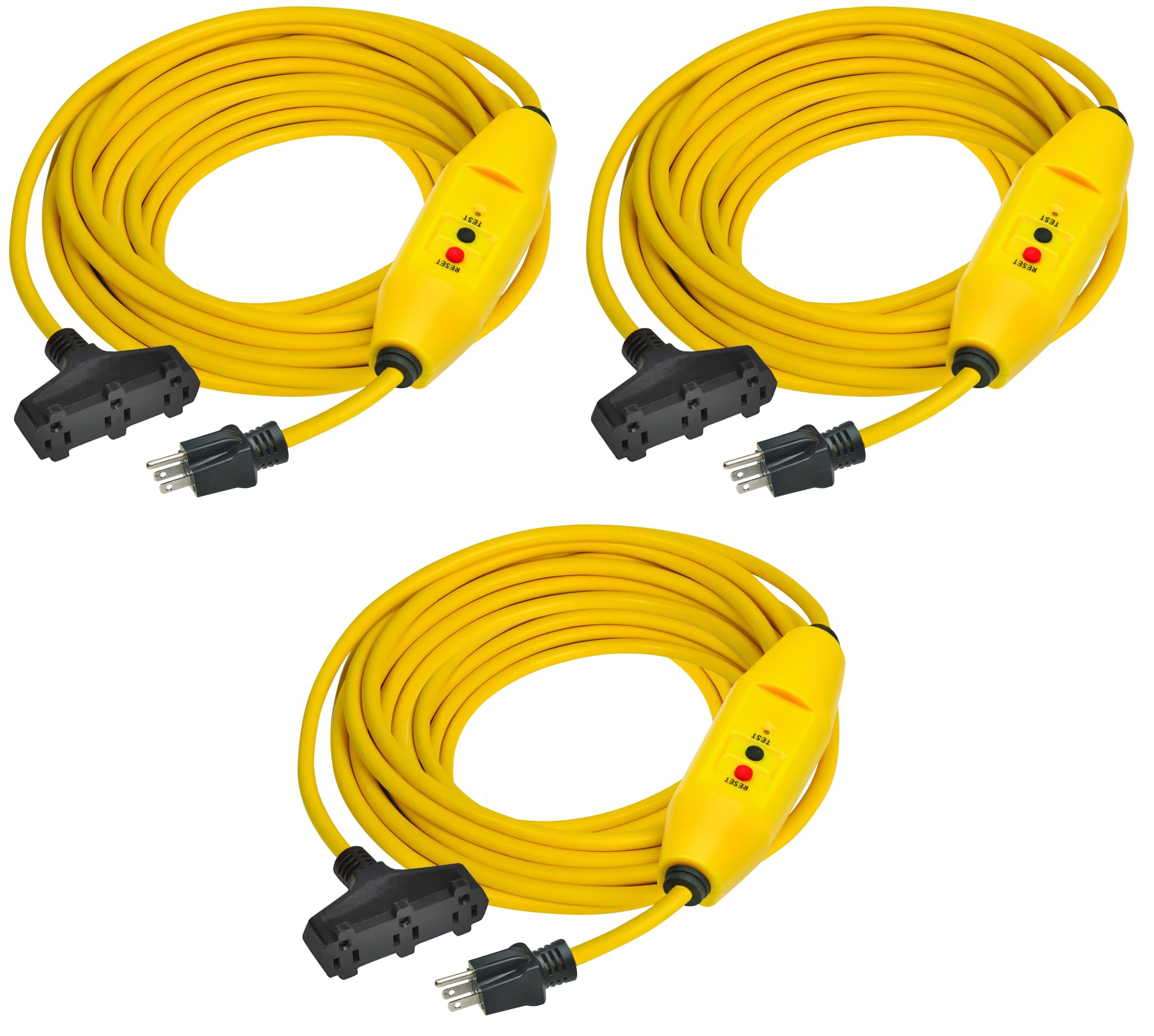 Electriduct GFCI Power Extension Cord 3 Outlets UL Outdoor Waterproof 15 Amp 12 Gauge Auto Reset GFI Adapter - 50FT Cord (3 Pack