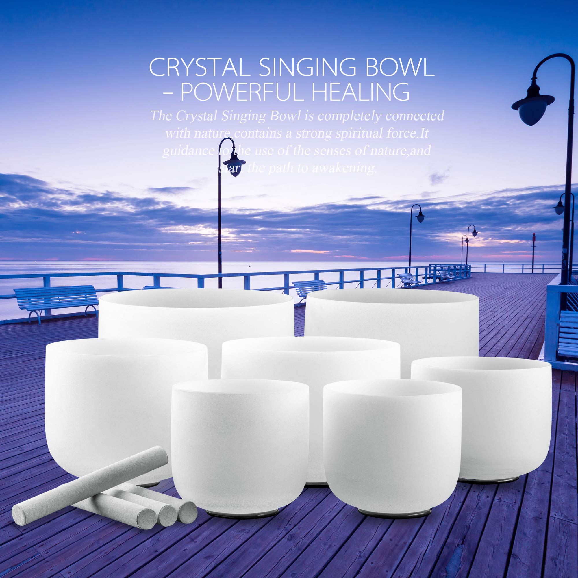 Ryan Dvan 432 Hz 7 12 Inch Set Of 7 Chakra Symbol Design Frosted Quartz Crystal Singing Bowl Set With Free 2 Pcs Carrying Case