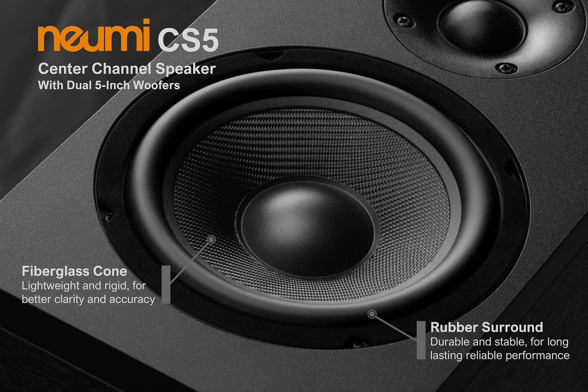 Neumi Cs5 Center Channel Speaker, Dual 5-Inch Woofers, 1-Inch Tweeter, Dark Wood, Single