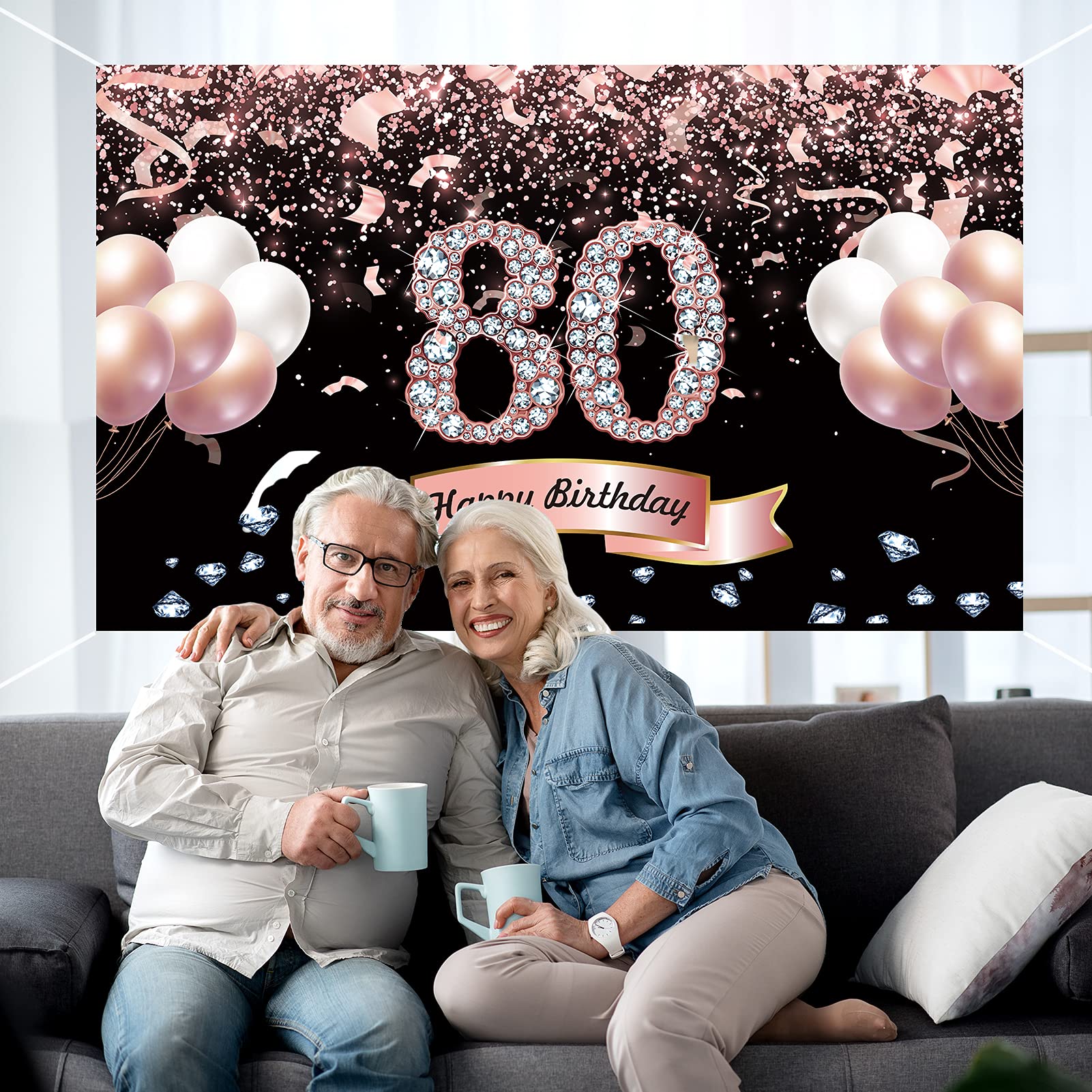 Trgowaul 80Th Birthday Decorations For Women Rose Gold Birthday Backdrop Banner 5.9 X 3.6 Fts Happy Birthday Party Suppiles Phot