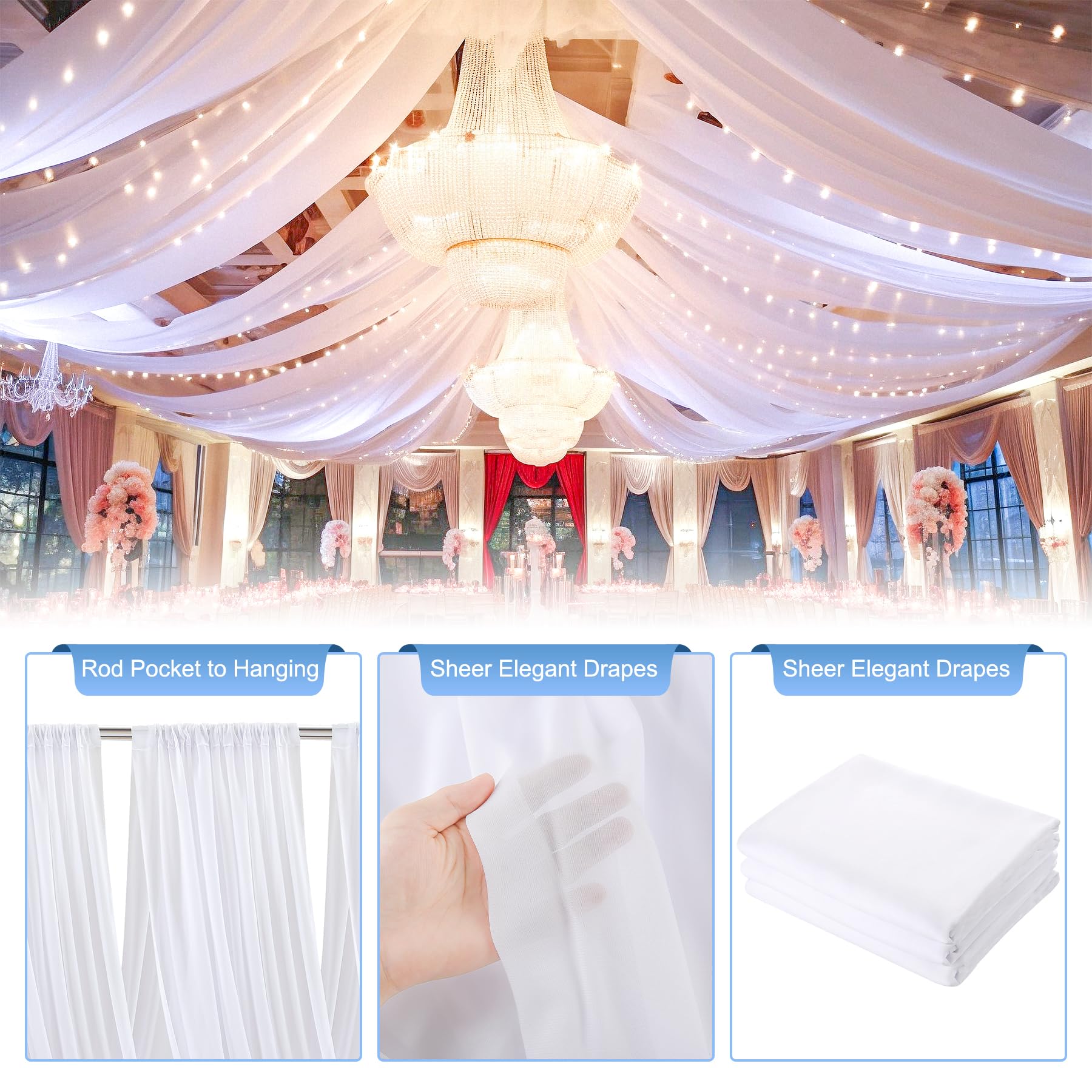 Wish Care White Ceiling Drapes With Lights String For Weddings, 6 Panels 5Ftx10Ft Sheer Tulle Curtain Drapes For Wedding Ceremon