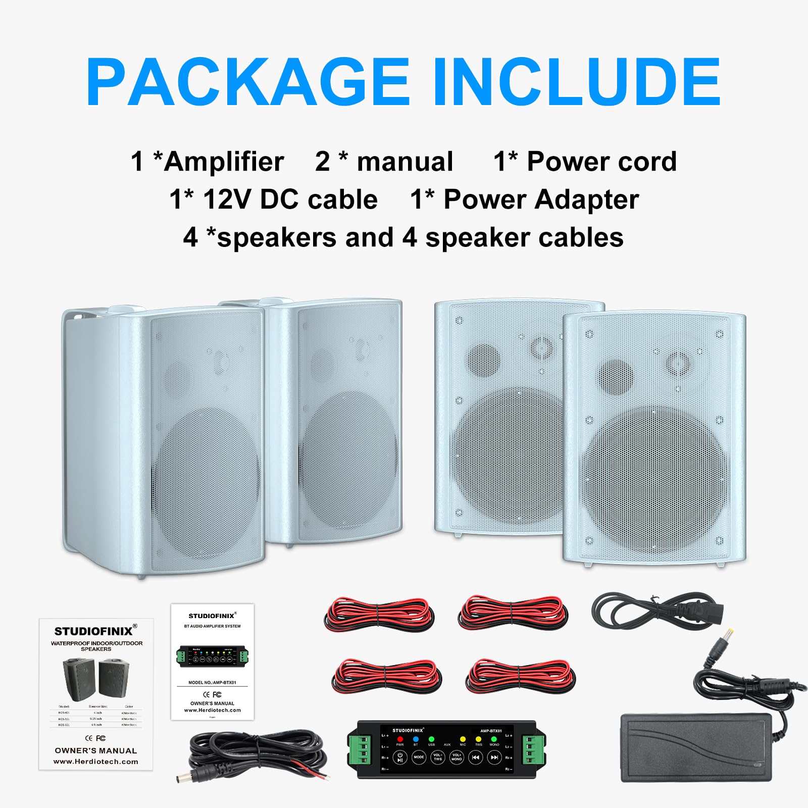 Studiofinix 800W 6.5 Inch Bluetooth Outdoor Speakers Waterproof Wired With Multifunctional Amplifier Wall Mount Weatherproof Lou