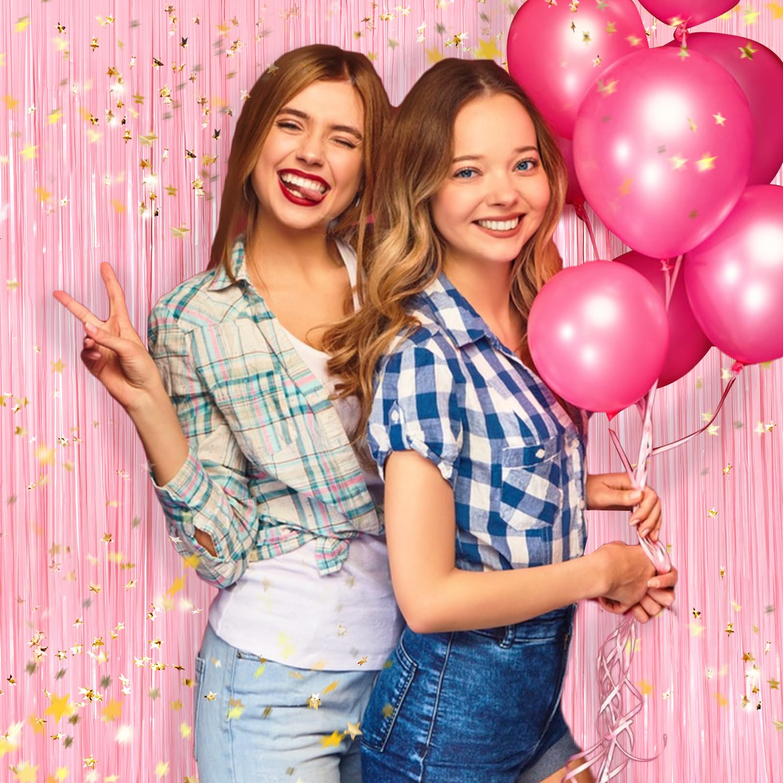 Pastel Pink Metallic Tinsel Foil Fringe Curtains, 2 Pack 3.3X8.3 Feet Streamer Backdrop Curtains For Birthday Party Decorations,