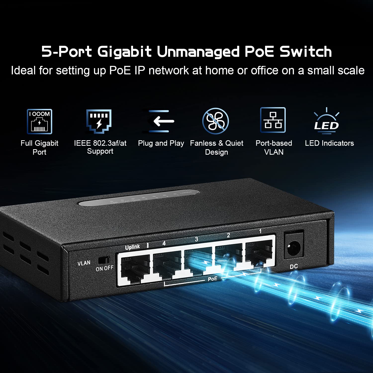 Binardat 5 Port Gigabit Poe Switch, 4 Poe+ Ports 1000Mbps, 1 Gigabit Uplink, Ieee802.3Af/At, 65W Power Supply, Mini Metal Case U