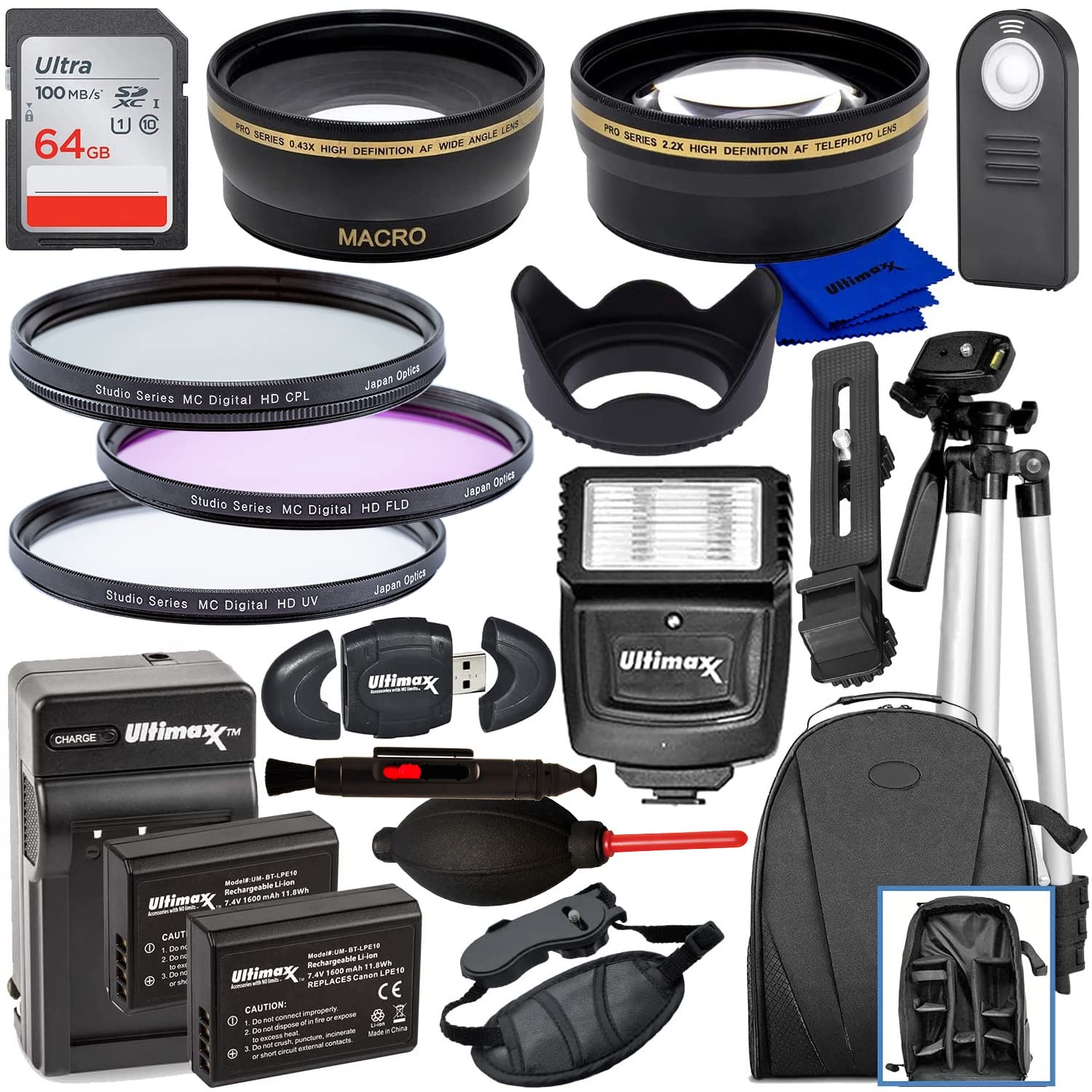 Ultimaxx 58Mm Accessory Kit For Canon Eos Rebel T7, T6, T5, T3, T100, 4000D, 3000D, 2000D, 1500D, 1300D, 1200D 1100D, And More; Includes: 2X Lp E10 Batteries, Filter Kits, Backpack & More