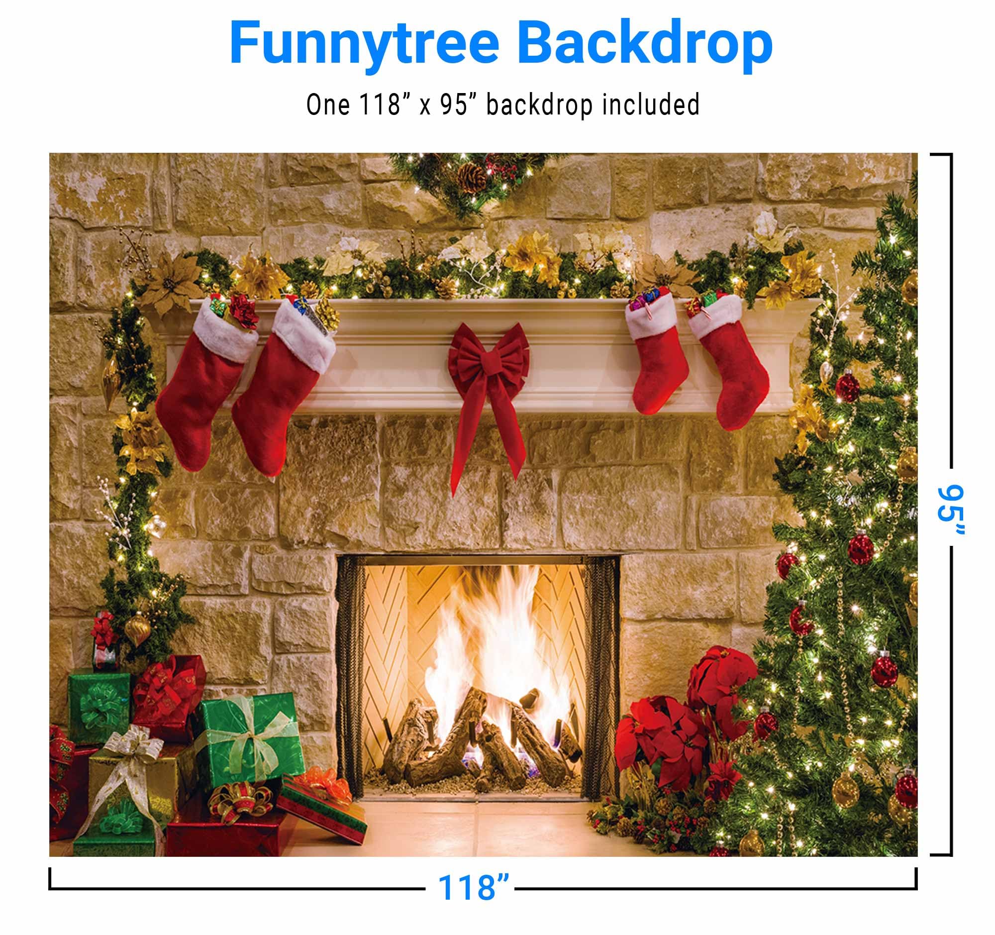Funnytree 10X8Ft Christmas Fireplace Backdrop Interior Vintage Xmas Tree Stockings Photography Background Portrait Photobooth Pa