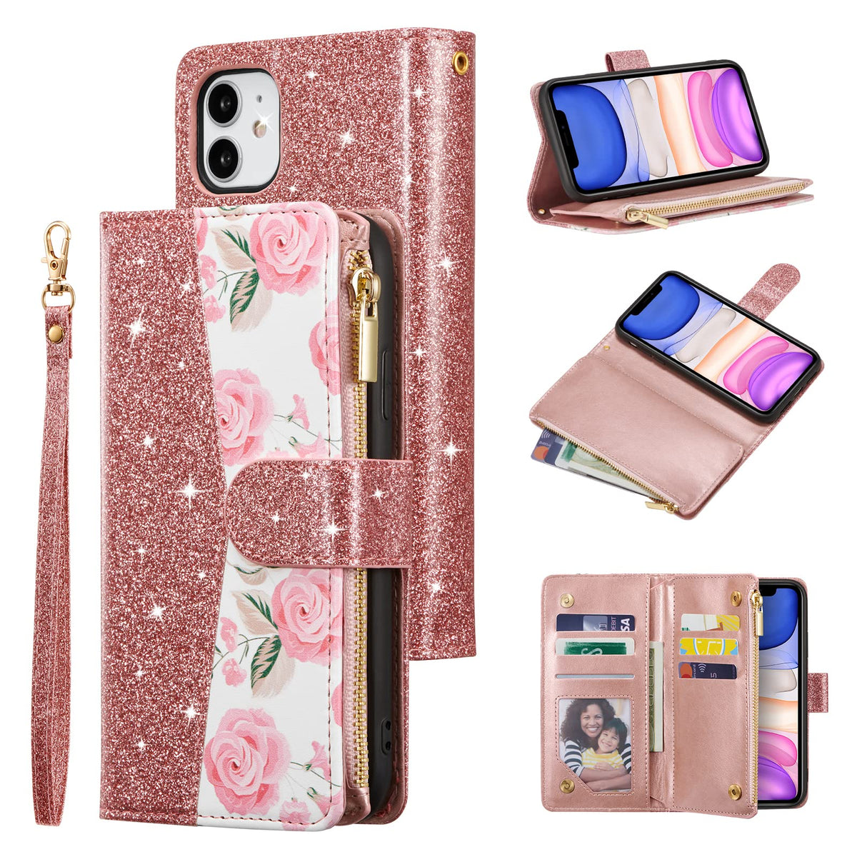 Ueebai Wallet Case For Iphone 11 6.1 Inch, Glitter Pu Leather Magnetic Closure Handbag Zipper Pocket Case Kickstand Card Holder 