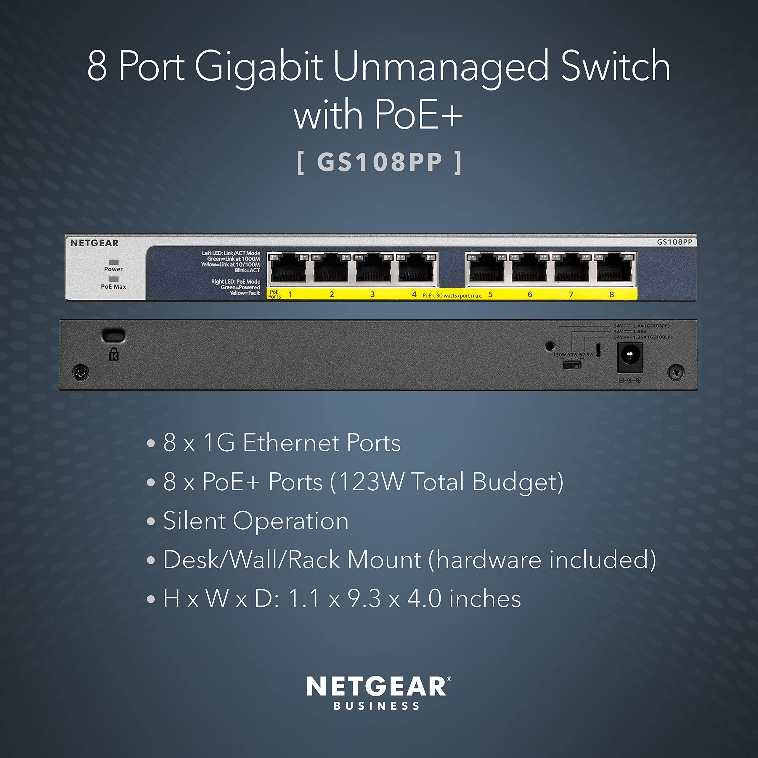 Netgear 8-Port Gigabit Ethernet Unmanaged Poe Switch (Gs108Pp) - With 8 X Poe+ @ 123W Upgradeable, Desktop, Wall Mount Or Rackmo