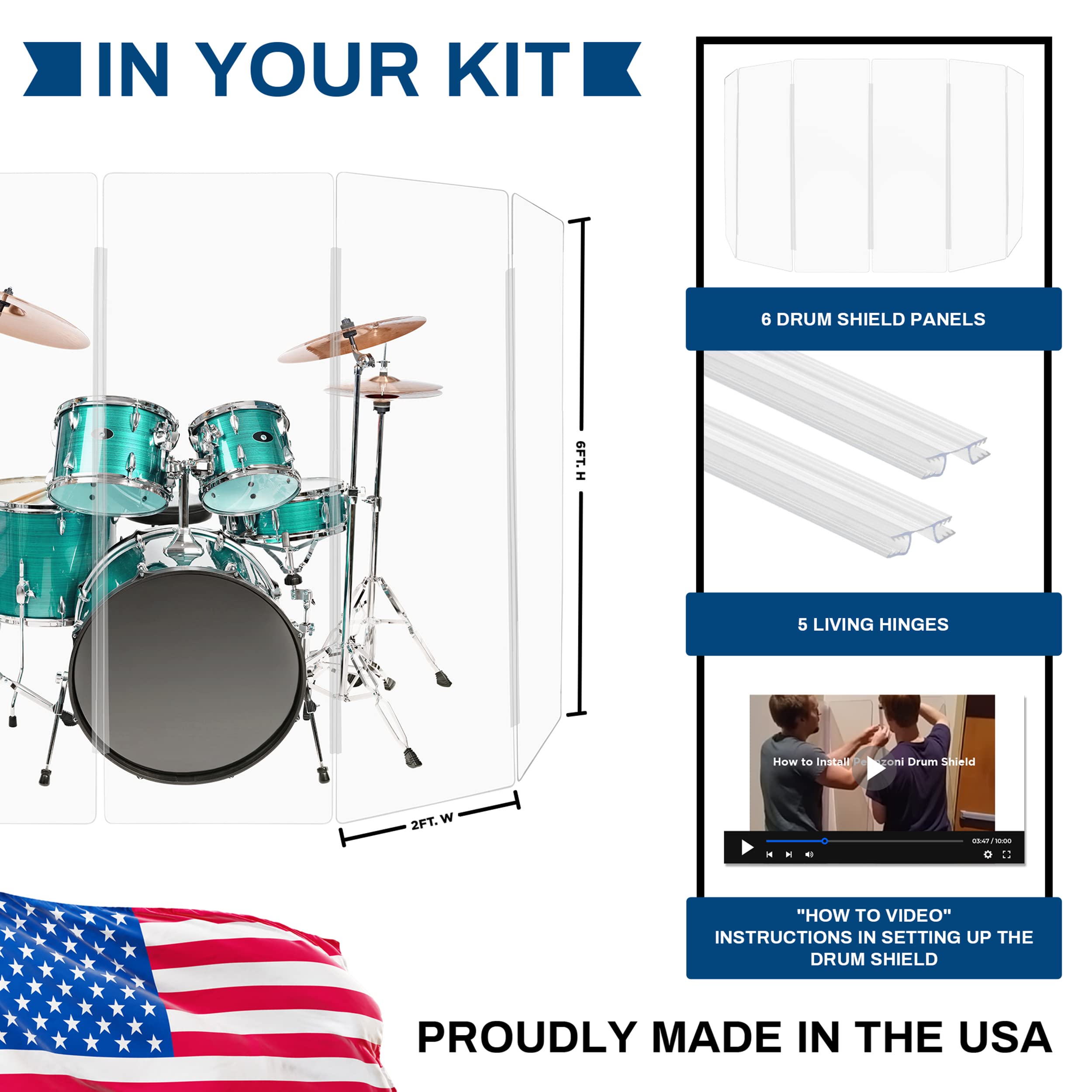 Pennzoni Drum Shield 6Ft W/Plastic Hinges, Comes W/ 6 Drum Panels, & Plastic Hinges, Premium Clear Acrylic Panels, Drum Screen