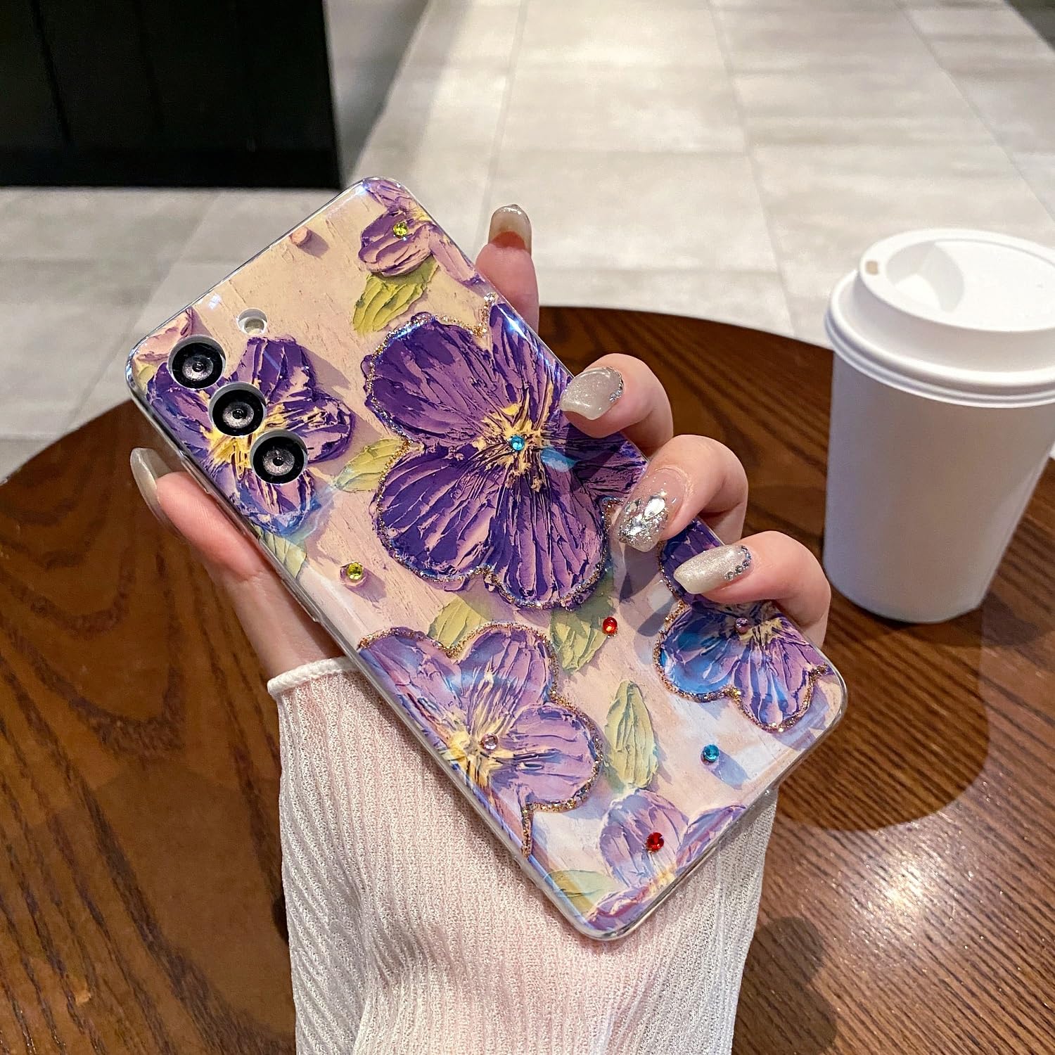 LeLeYun Case for Samsung Galaxy A03s, Retro Oil Painting Printed Flower Cute Pattern with Glitter Gem Phone Cover Durable TPU Sh
