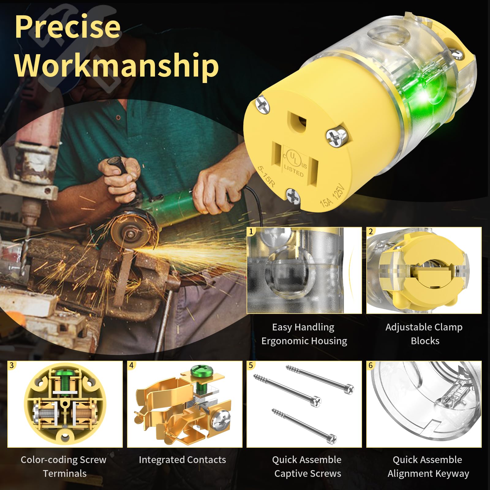 110V Female Plug Receptacle Illuminated Electrical Outlet Drop Cord Extension Cord Replacement Ends With Green Neon Light Nema 5